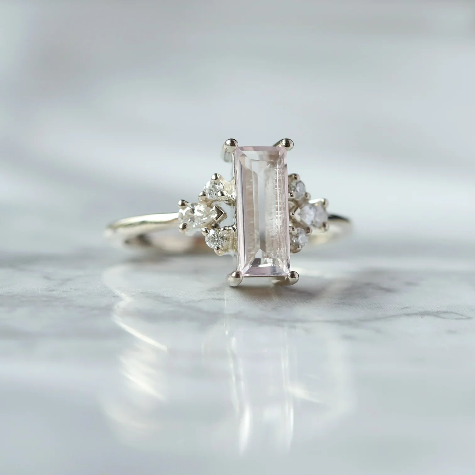 Sarah Rose Quartz Baguette Ring with side Moissanite