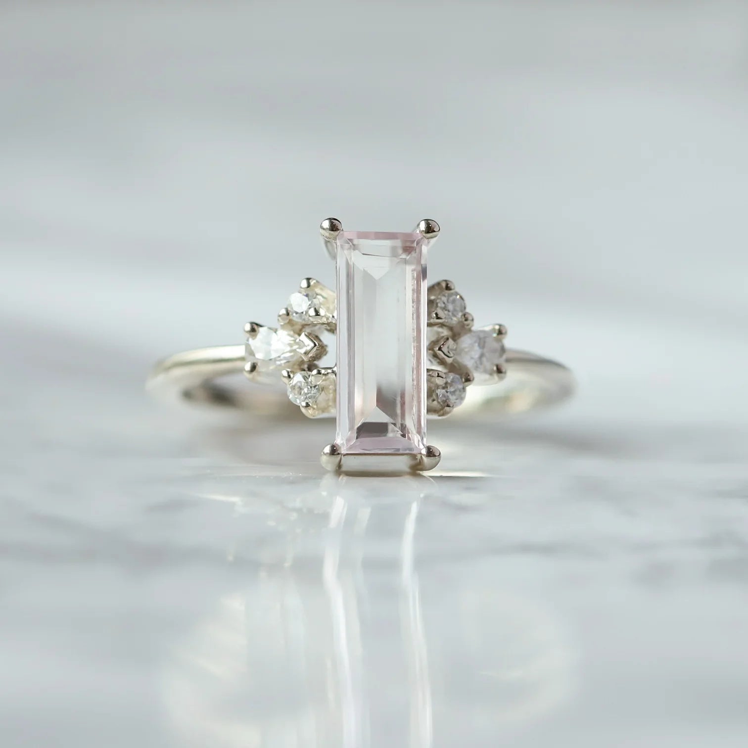 Sarah Rose Quartz Baguette Ring with side Moissanite