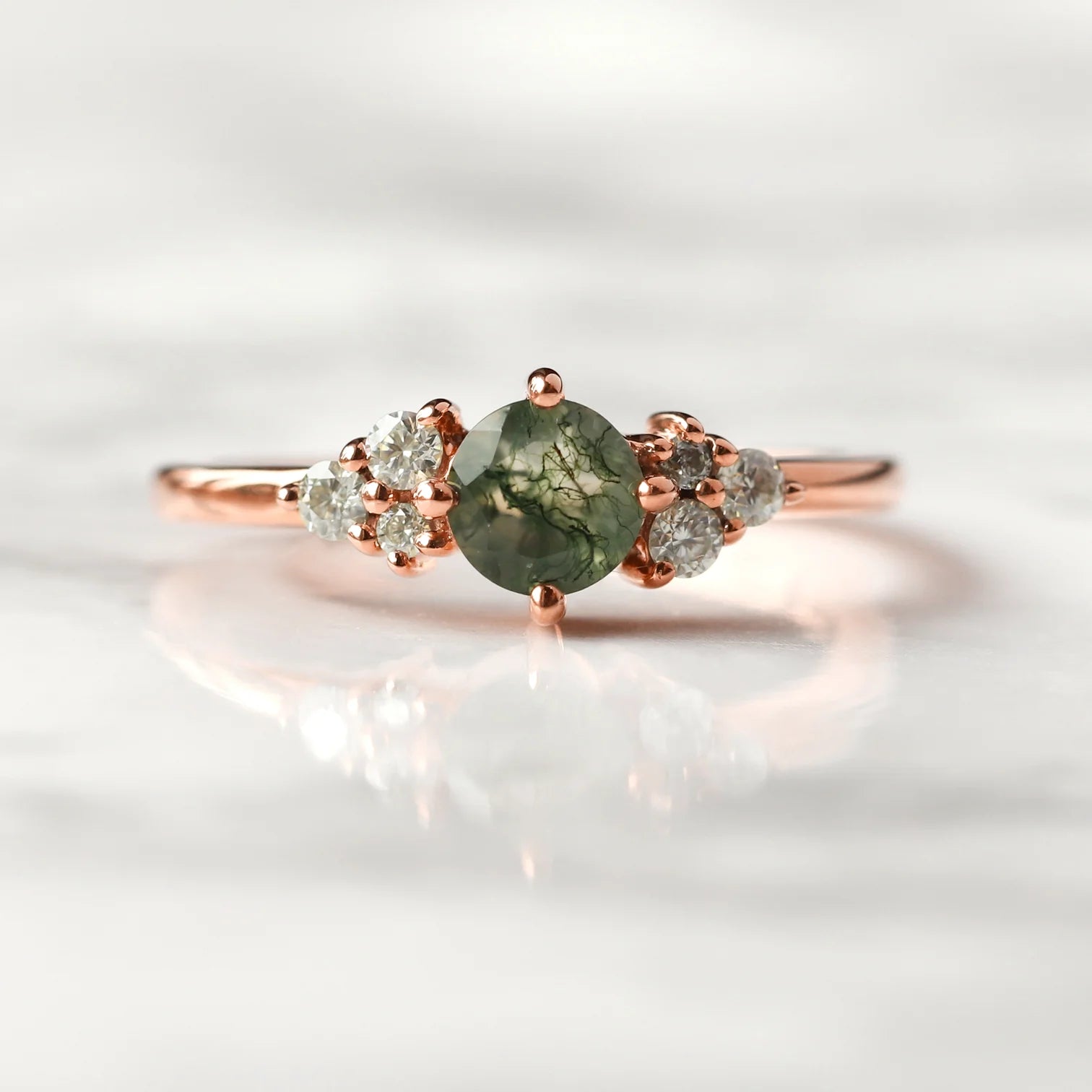 Irene Round Moss Agate with Moissanite Ring