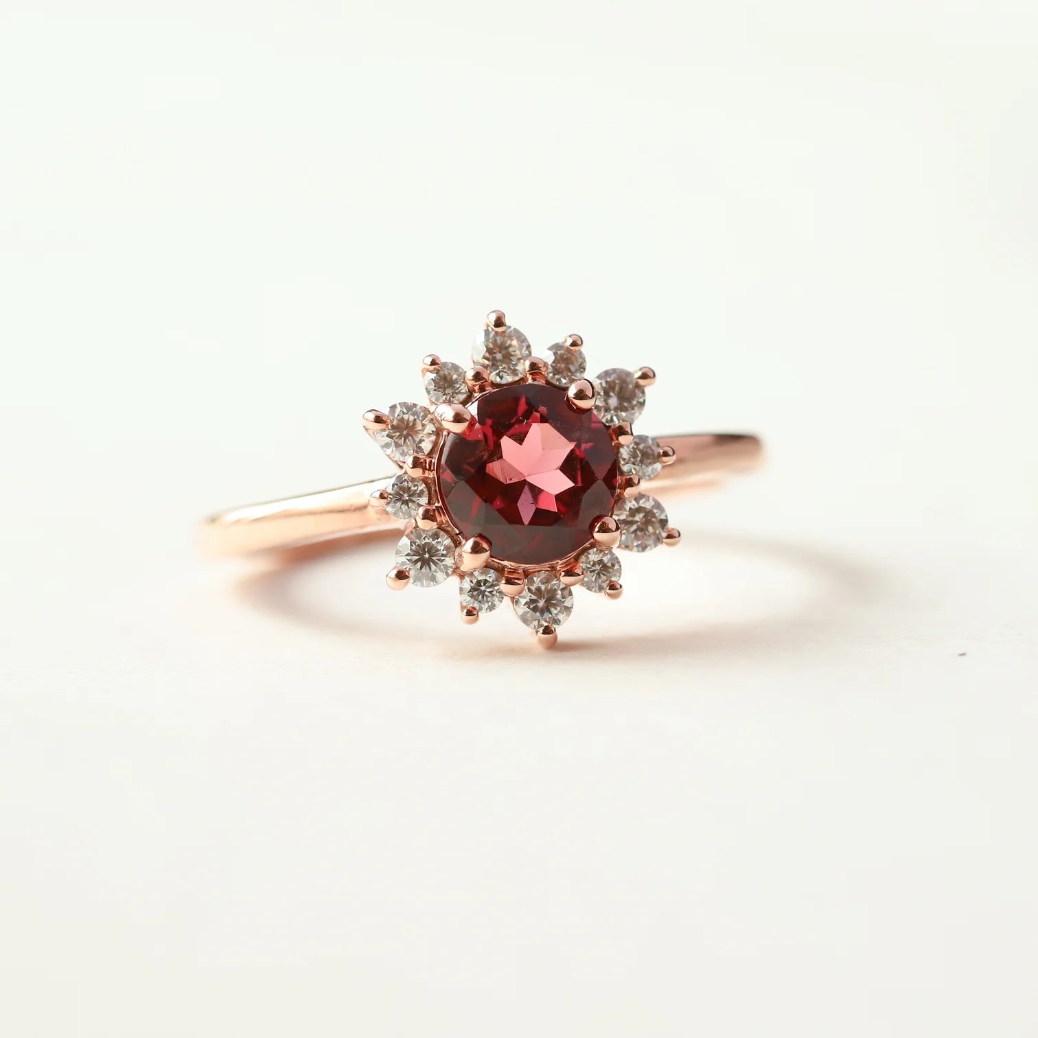 Flora Round Garnet Ring with Halo Moissanite