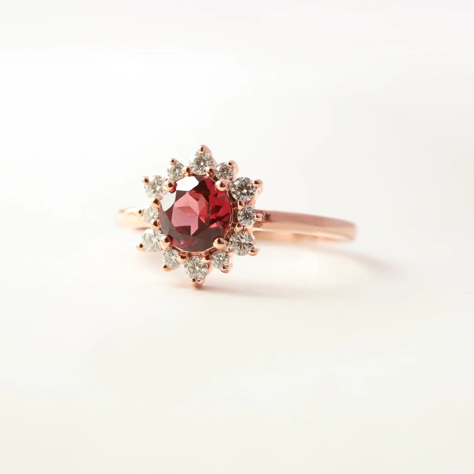 Flora Round Garnet Ring with Halo Moissanite