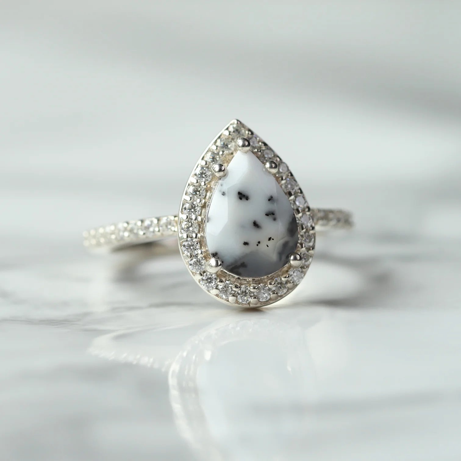 Britney Pear Dendritic Opal Ring with Moissanite Pave Halo