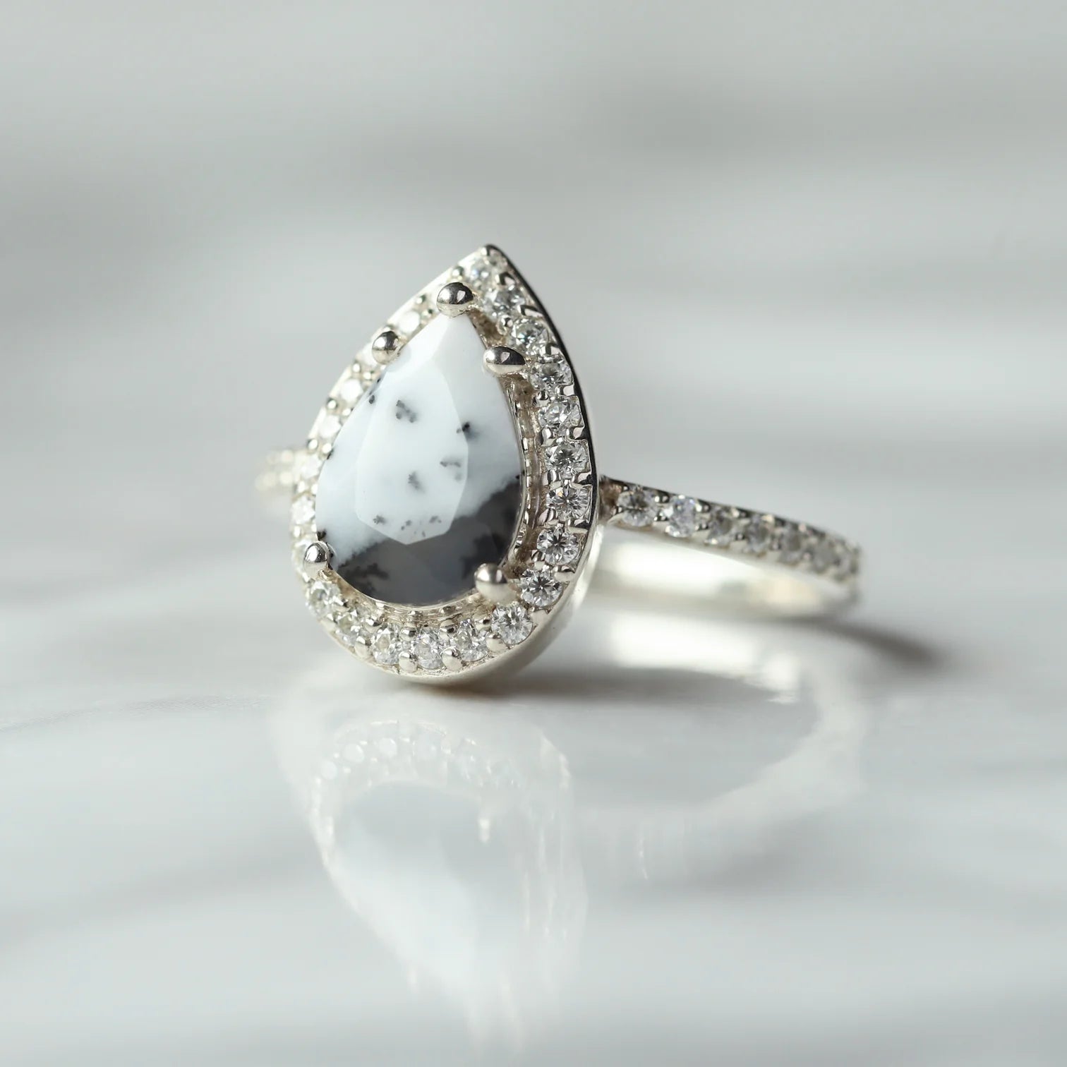 Britney Pear Dendritic Opal Ring with Moissanite Pave Halo