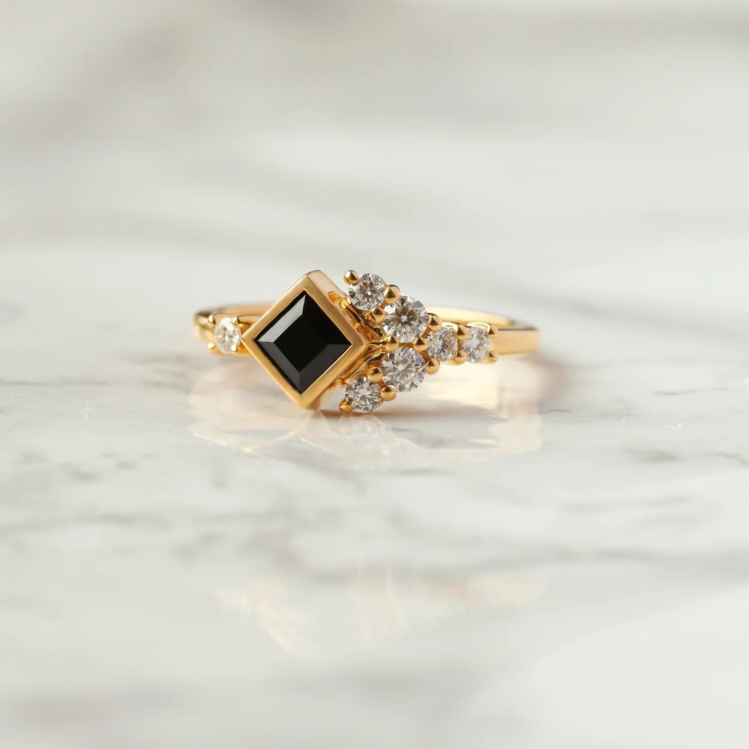 Isla Black Spinel Square Ring with side Moissanites