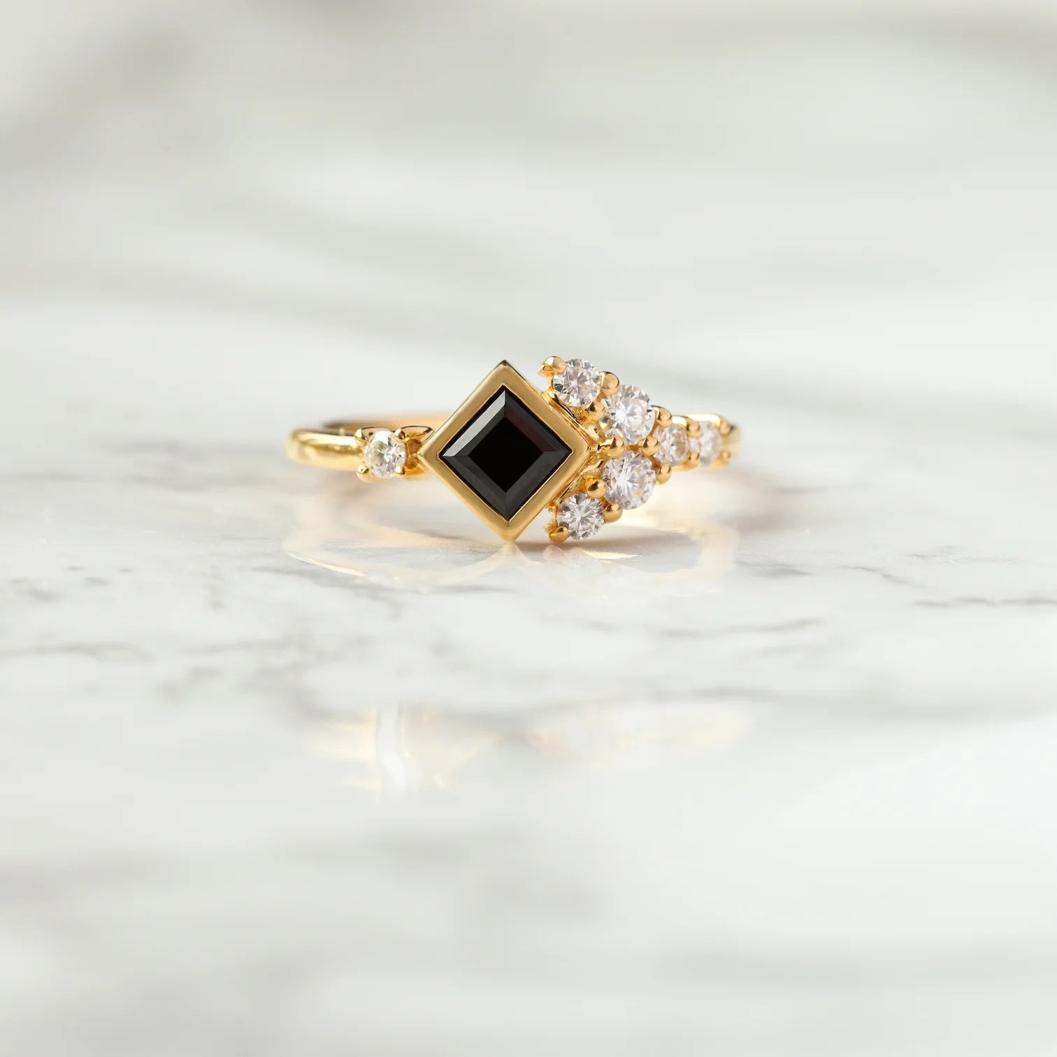 Isla Black Spinel Square Ring with side Moissanites