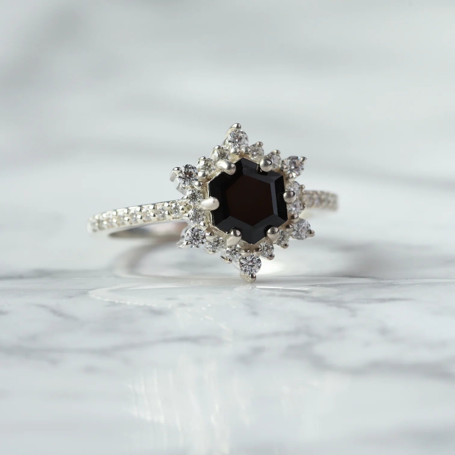 Cleo Black Spinel Ring with side Moissanites