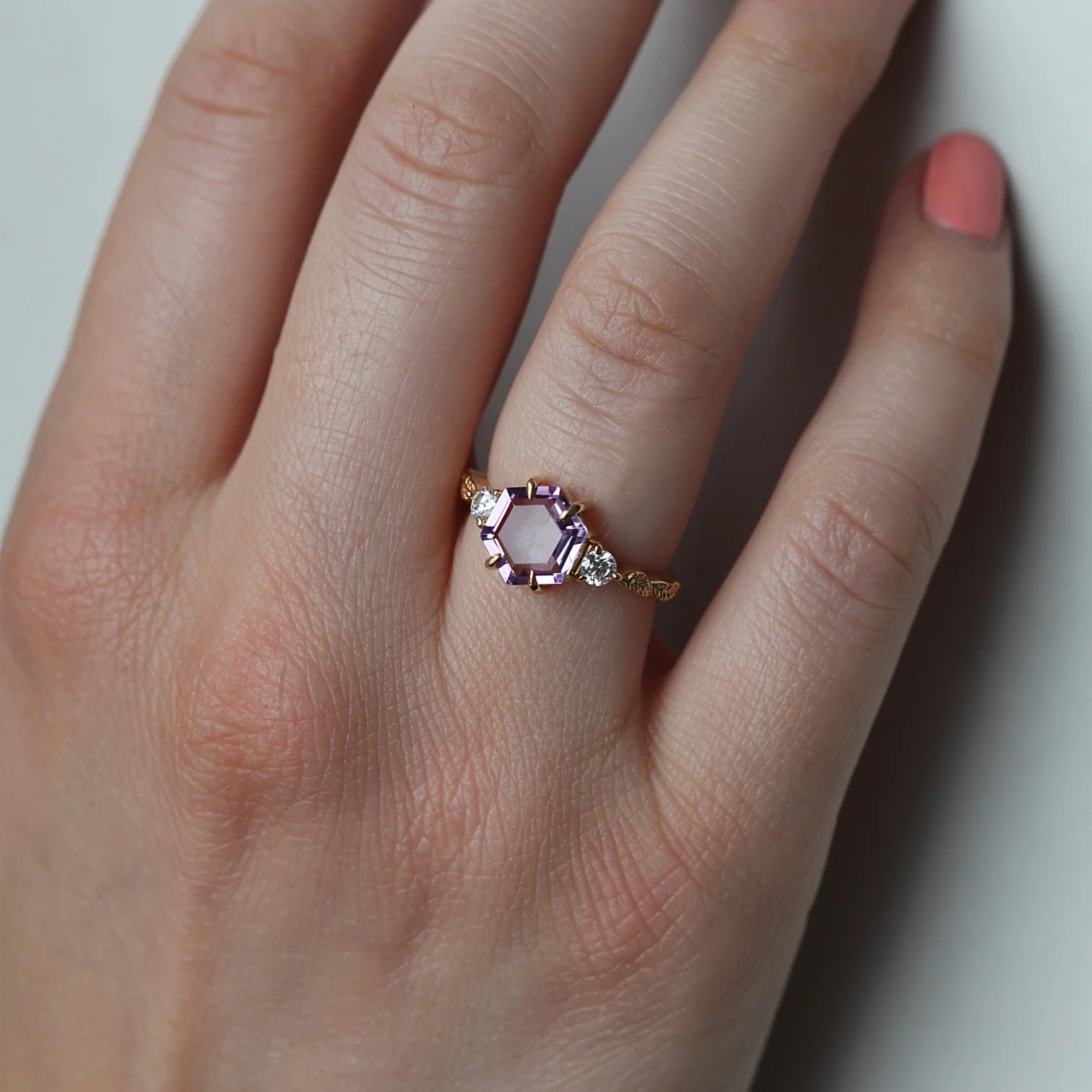 Vista Hexagon Amethyst Ring with Leaves Band