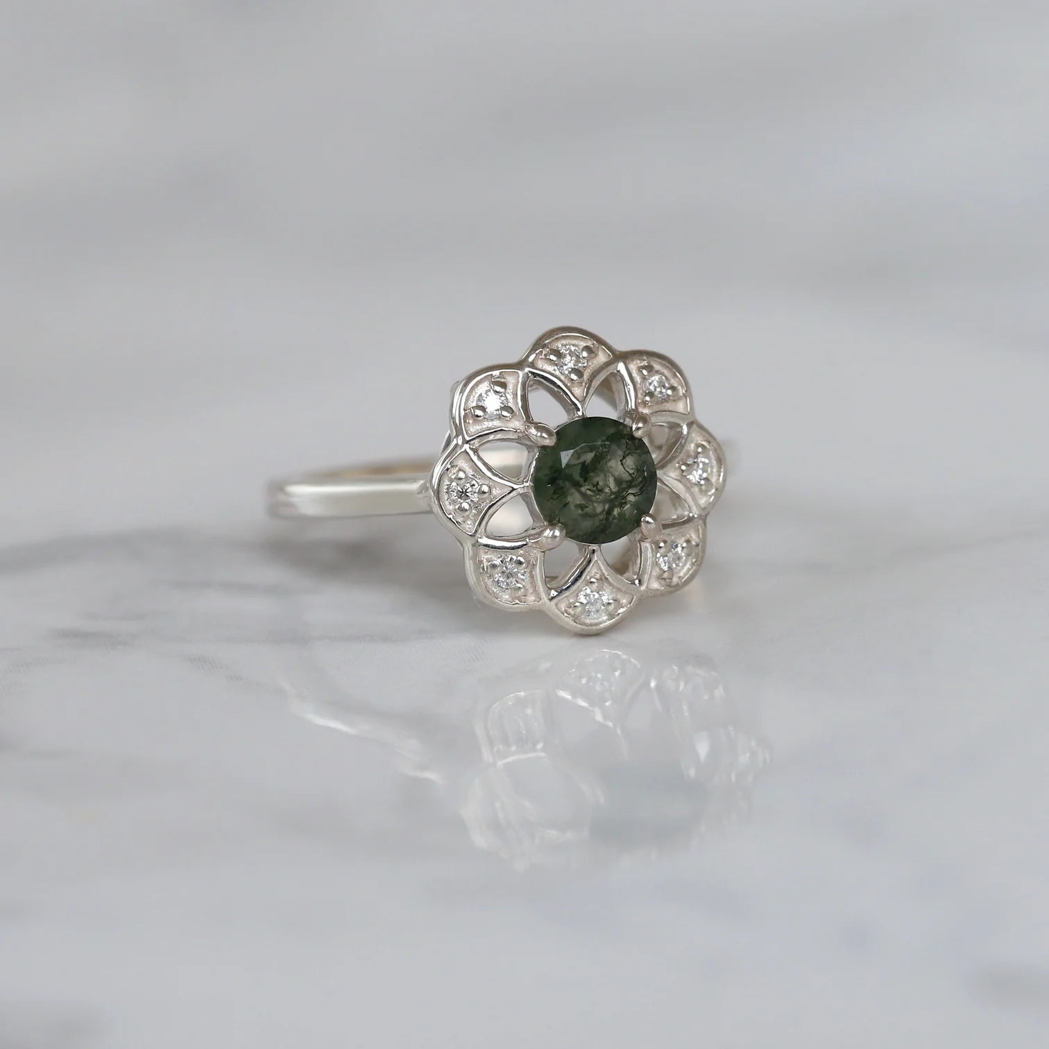 Roma Moss Agate Ring with side Moissanite