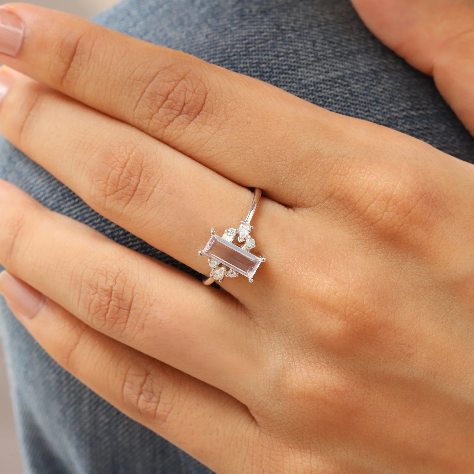 Sarah Rose Quartz Baguette Ring with side Moissanite