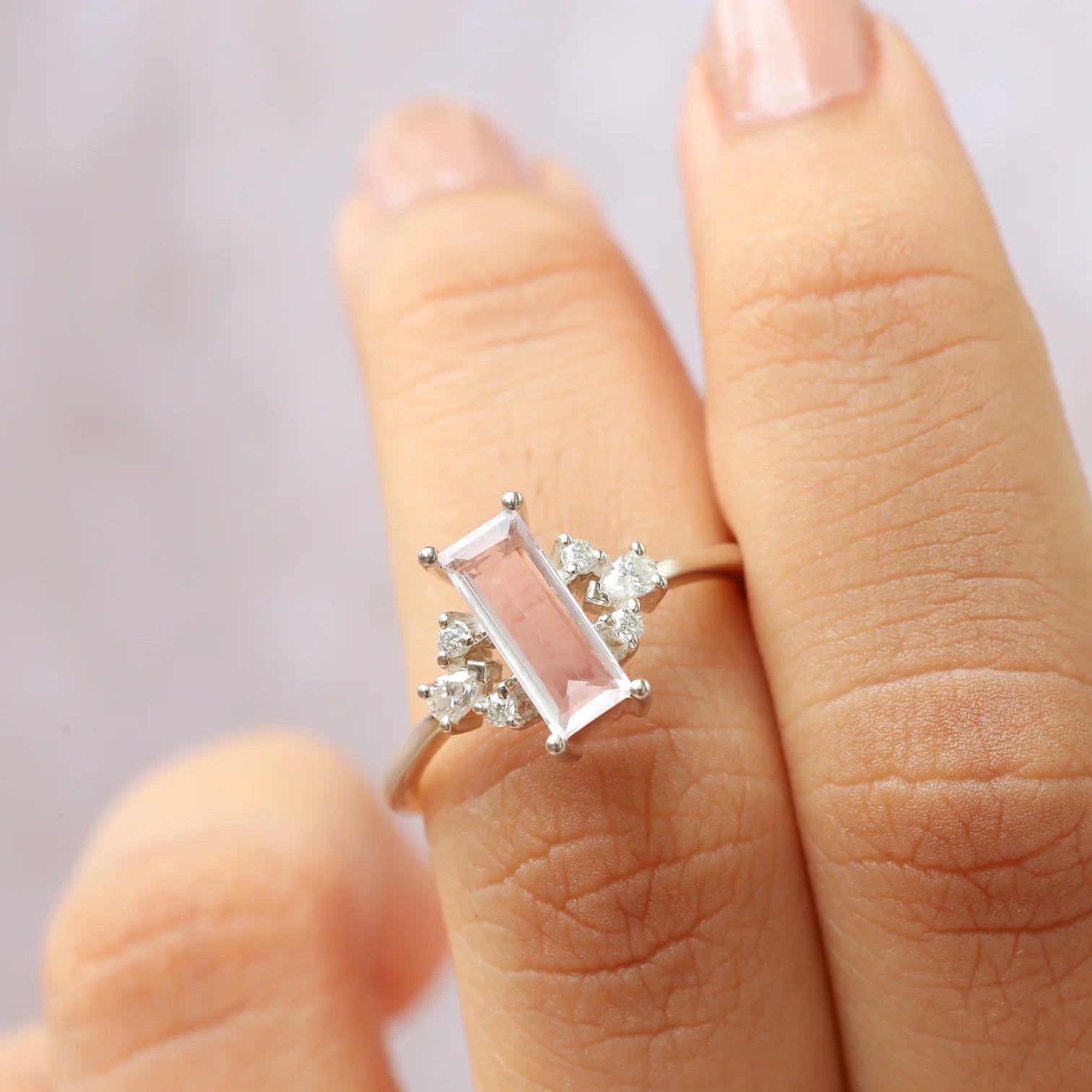 Sarah Rose Quartz Baguette Ring with side Moissanite