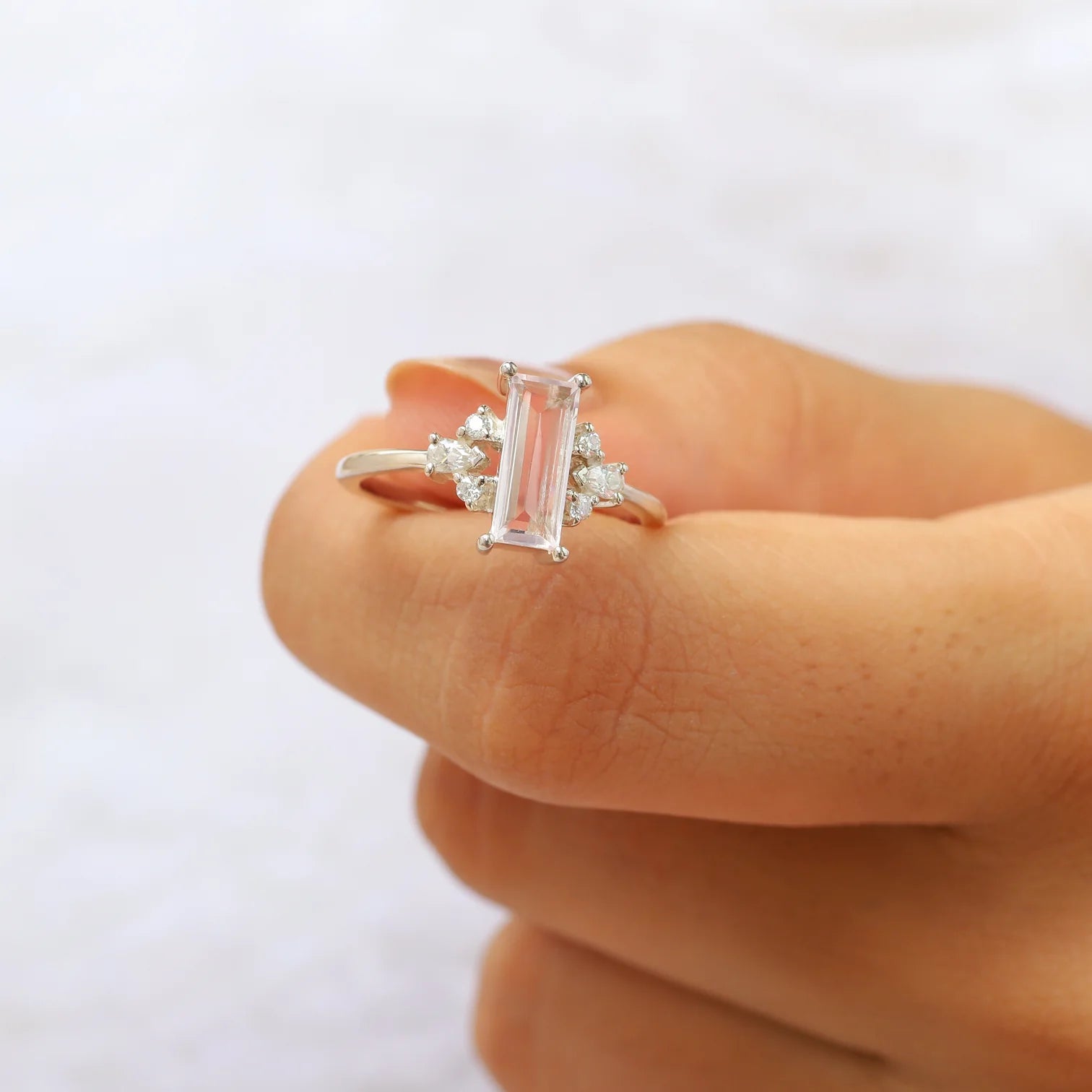 Sarah Rose Quartz Baguette Ring with side Moissanite