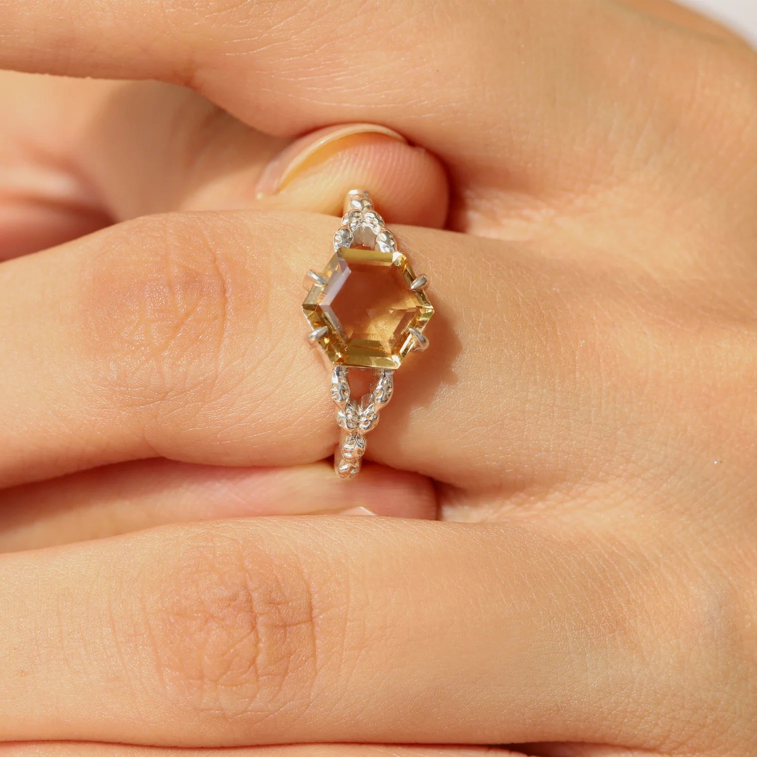 Gaia Hexagon Citrine Ring with Leaves Band