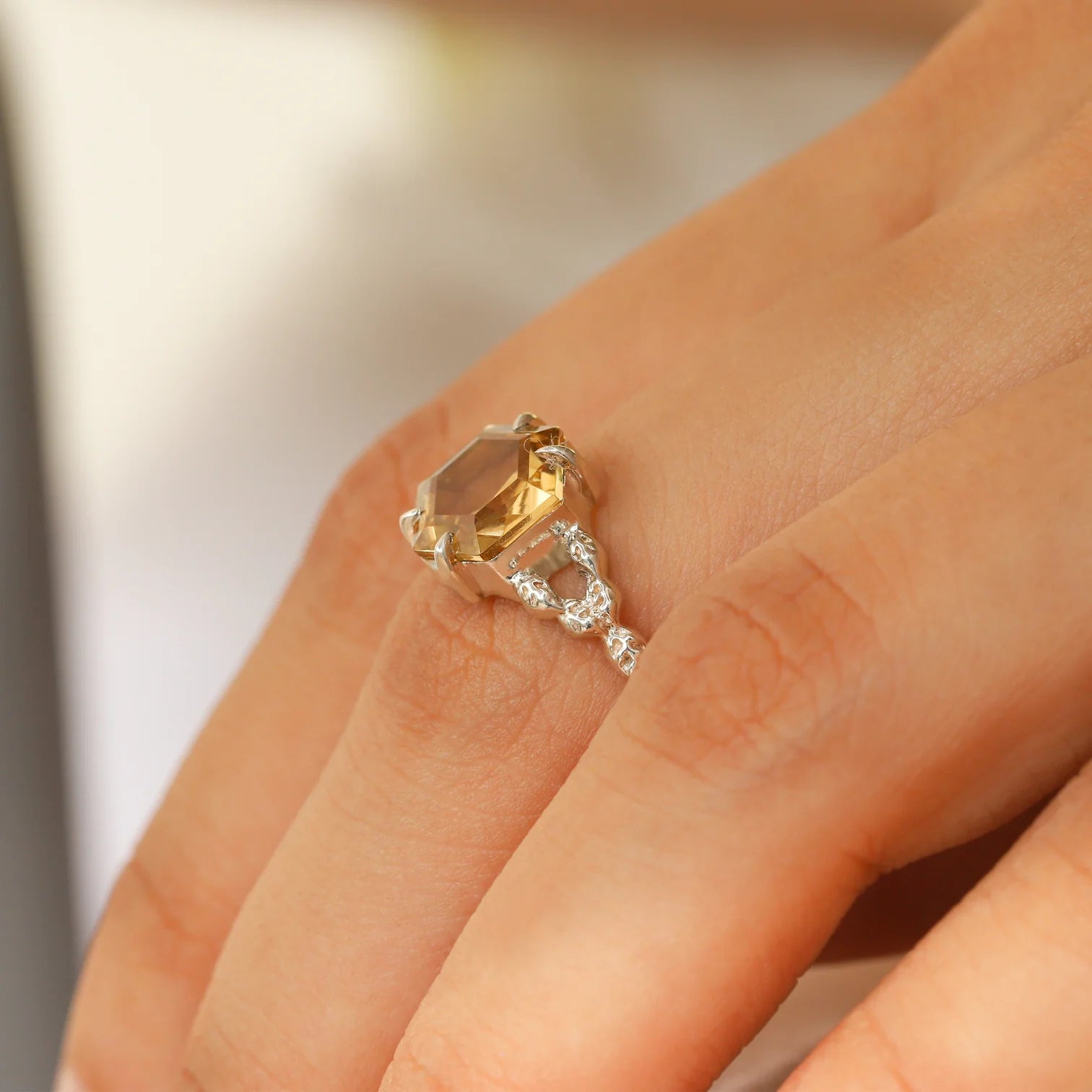 Gaia Hexagon Citrine Ring with Leaves Band