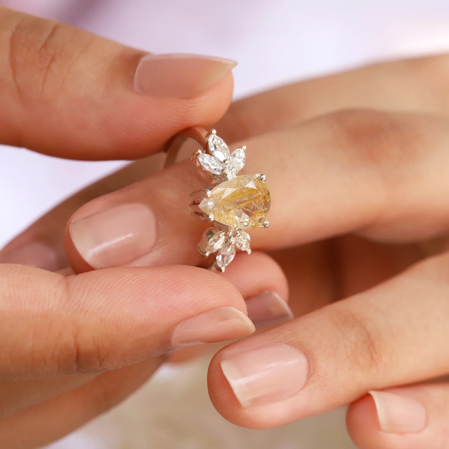 Monica Pear Golden Rutile Quartz Ring with Petal Marquise Moissanites