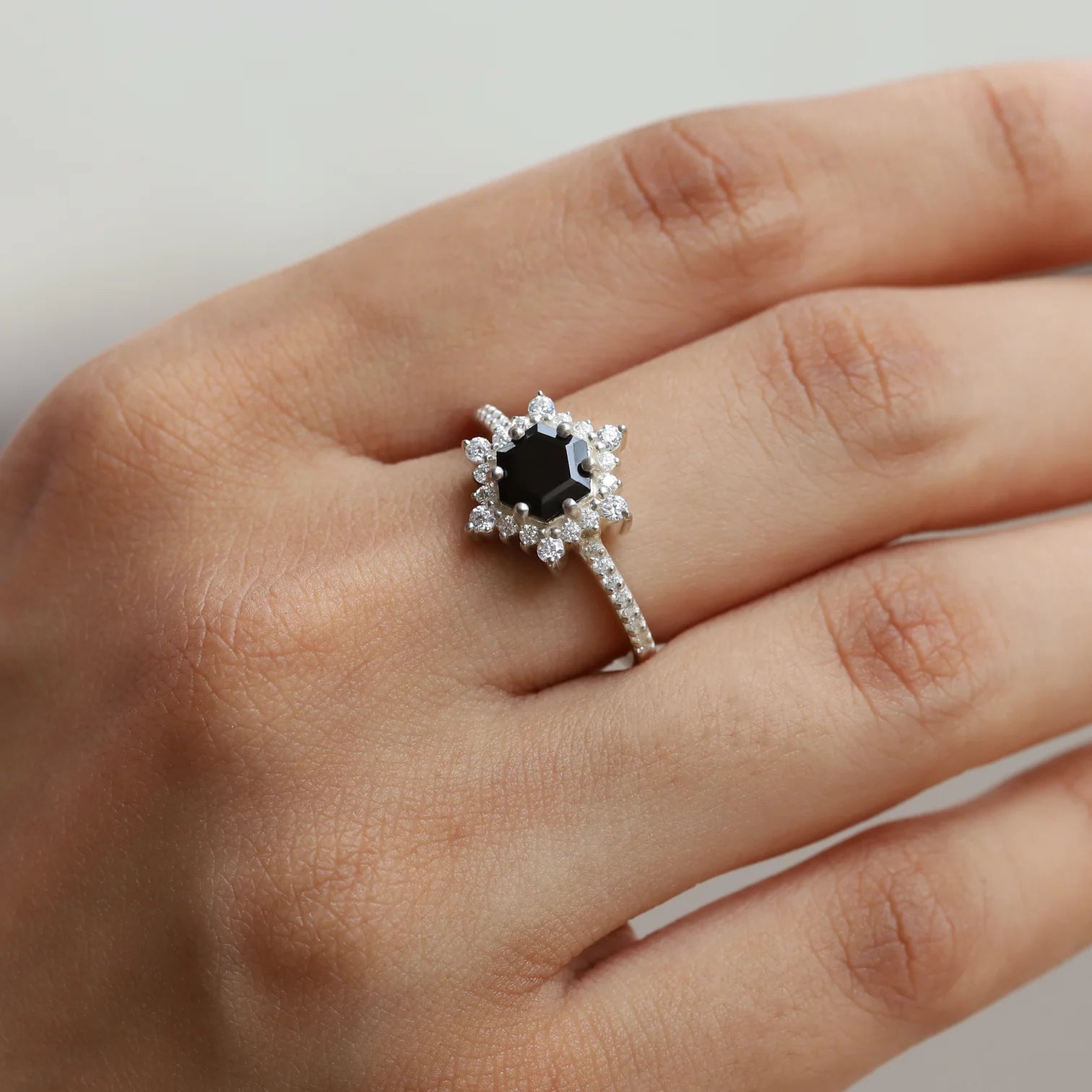 Cleo Black Spinel Ring with side Moissanites