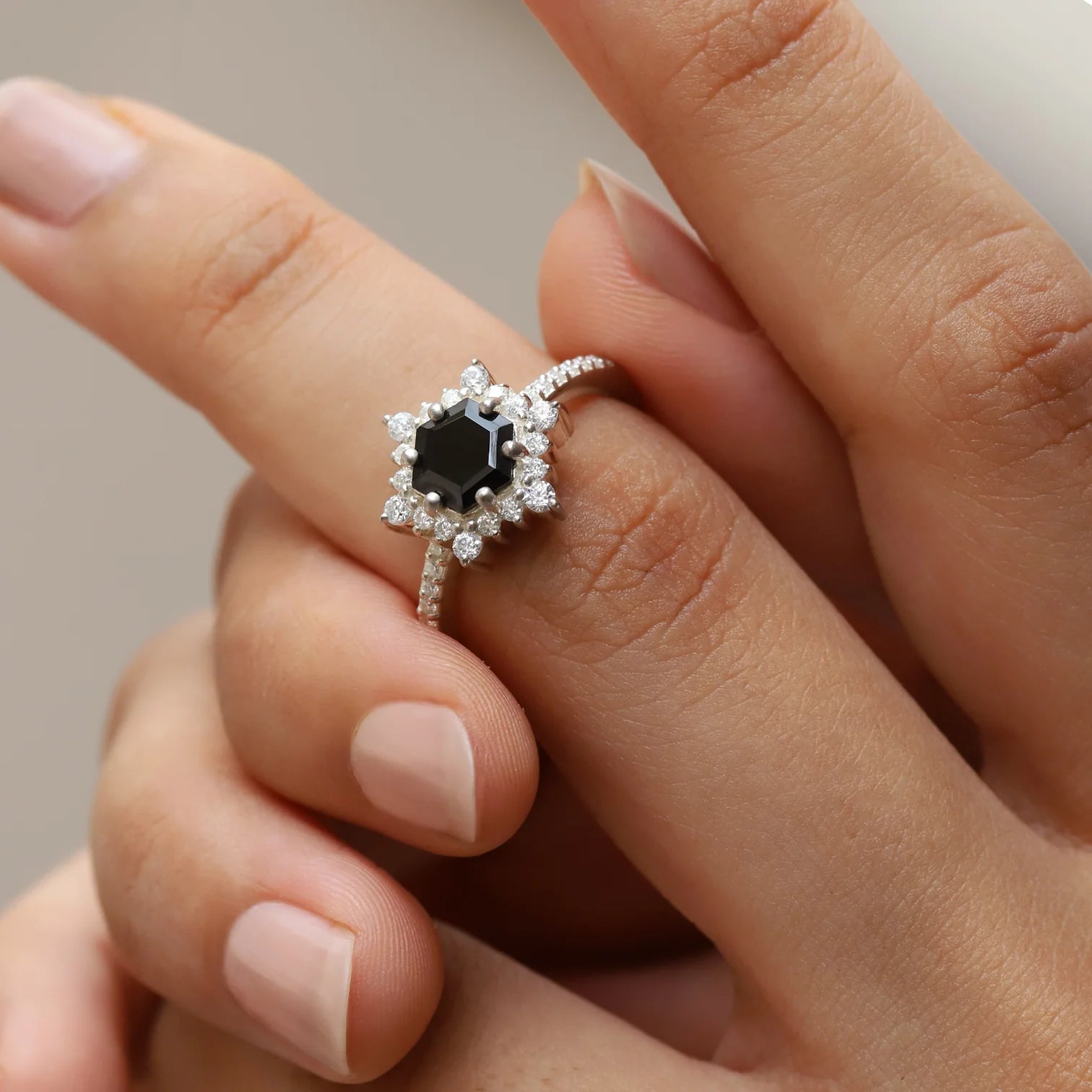 Cleo Black Spinel Ring with side Moissanites