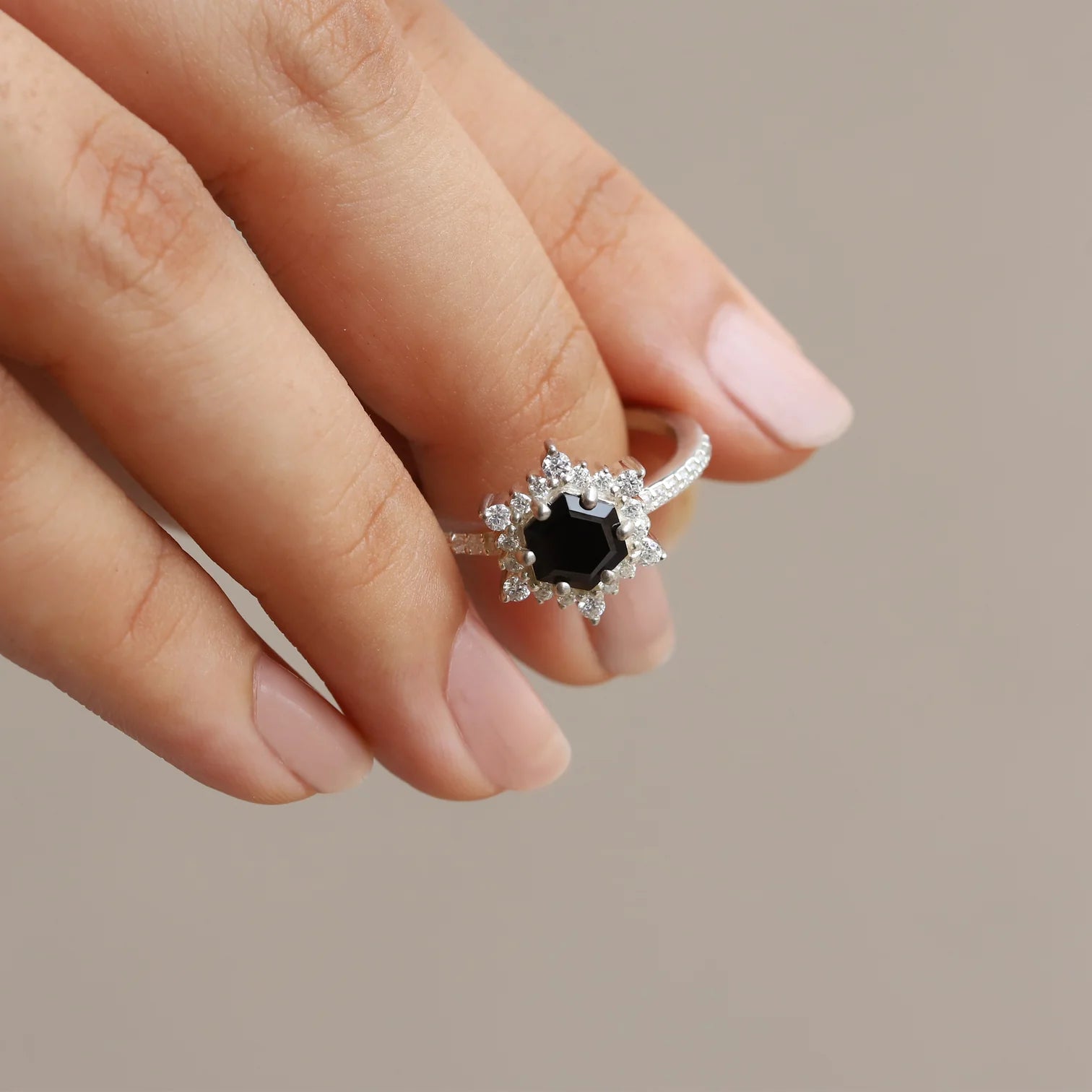 Cleo Black Spinel Ring with side Moissanites