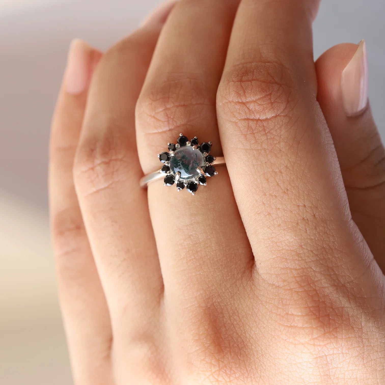 Flora Round Moss Agate Ring with Black Spinel