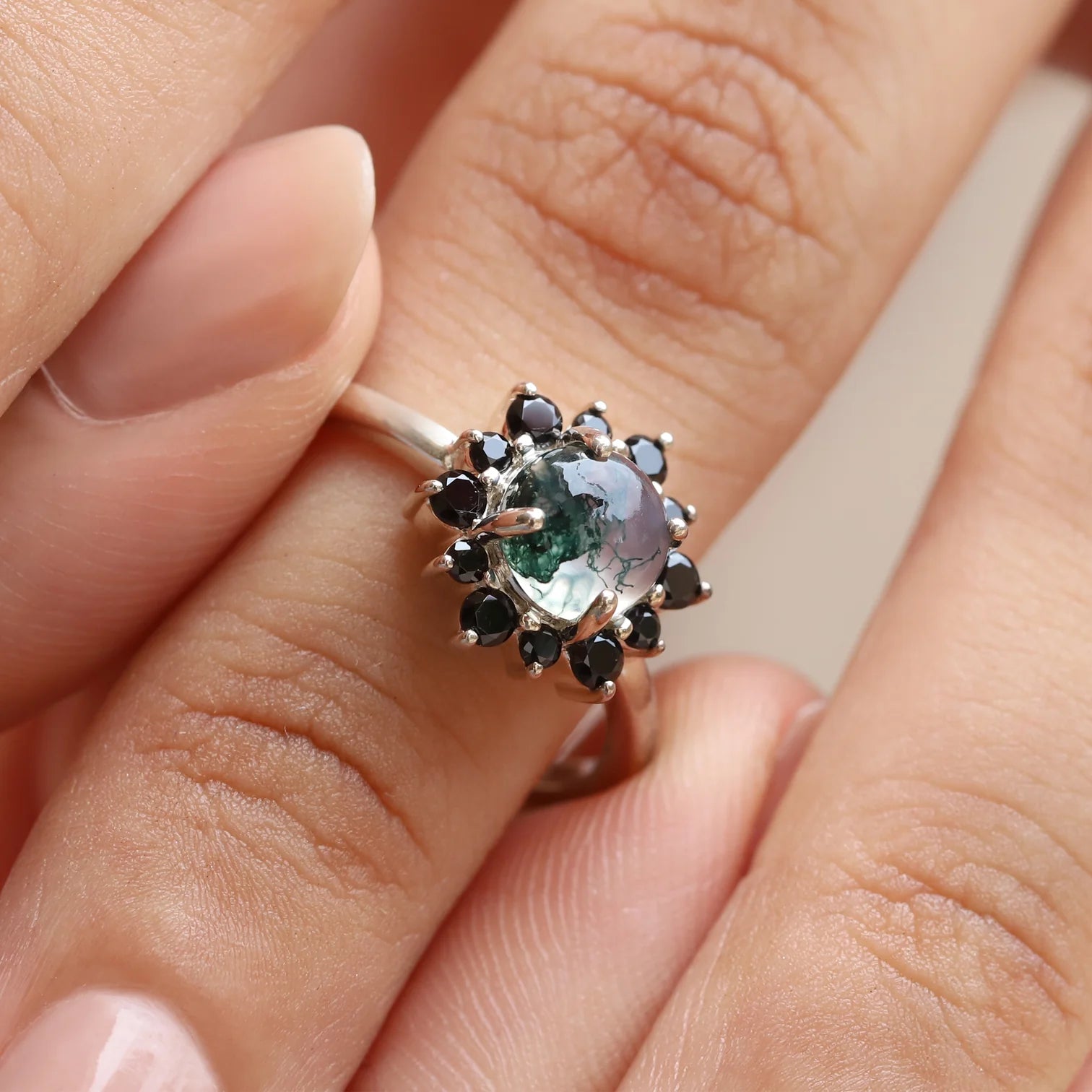 Flora Round Moss Agate Ring with Black Spinel