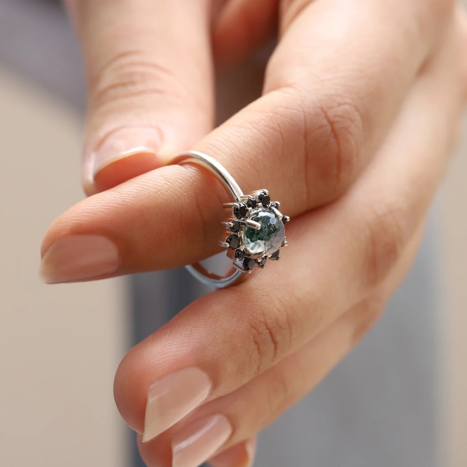 Flora Round Moss Agate Ring with Black Spinel