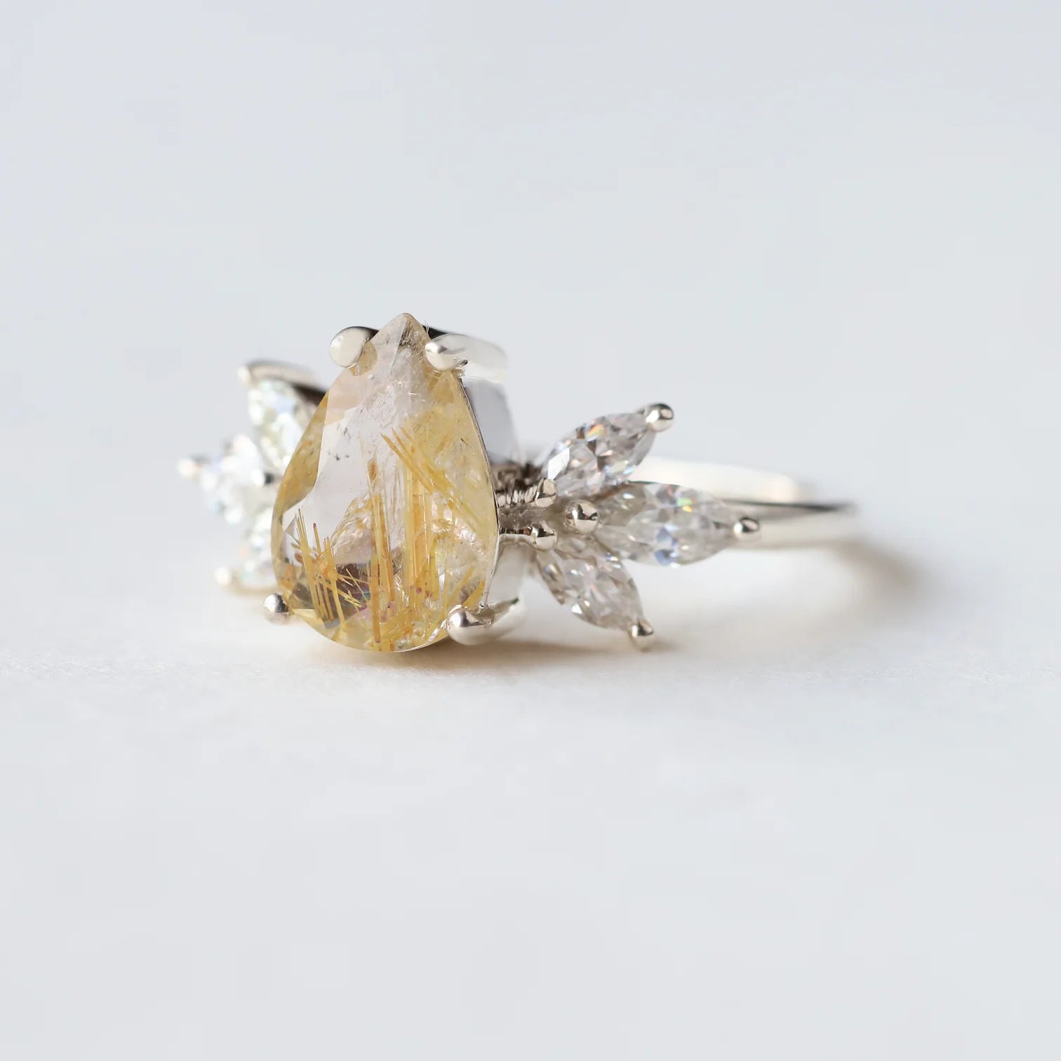 Monica Pear Golden Rutile Quartz Ring with Petal Marquise Moissanites