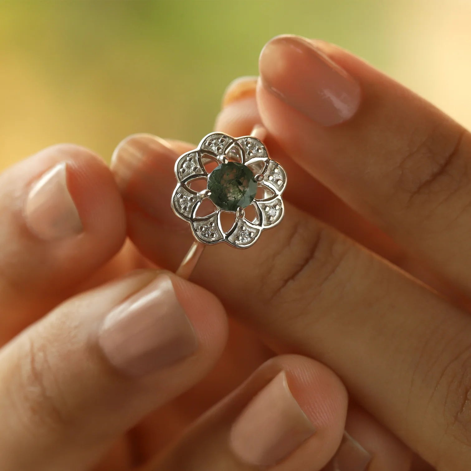 Roma Moss Agate Ring with side Moissanite