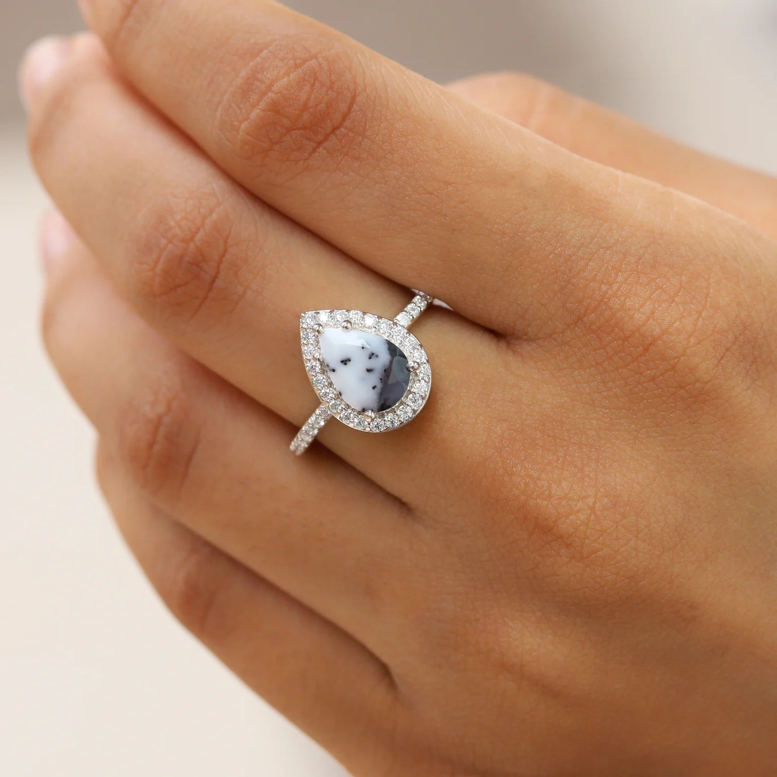 Britney Pear Dendritic Opal Ring with Moissanite Pave Halo