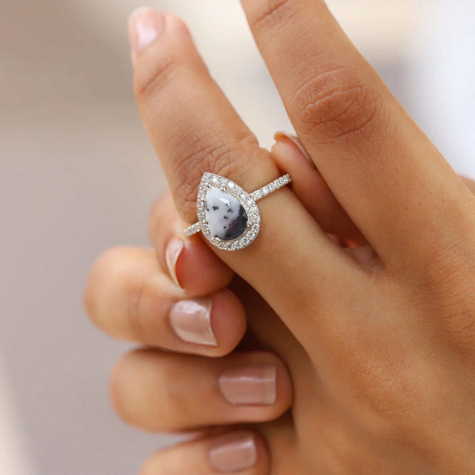 Britney Pear Dendritic Opal Ring with Moissanite Pave Halo