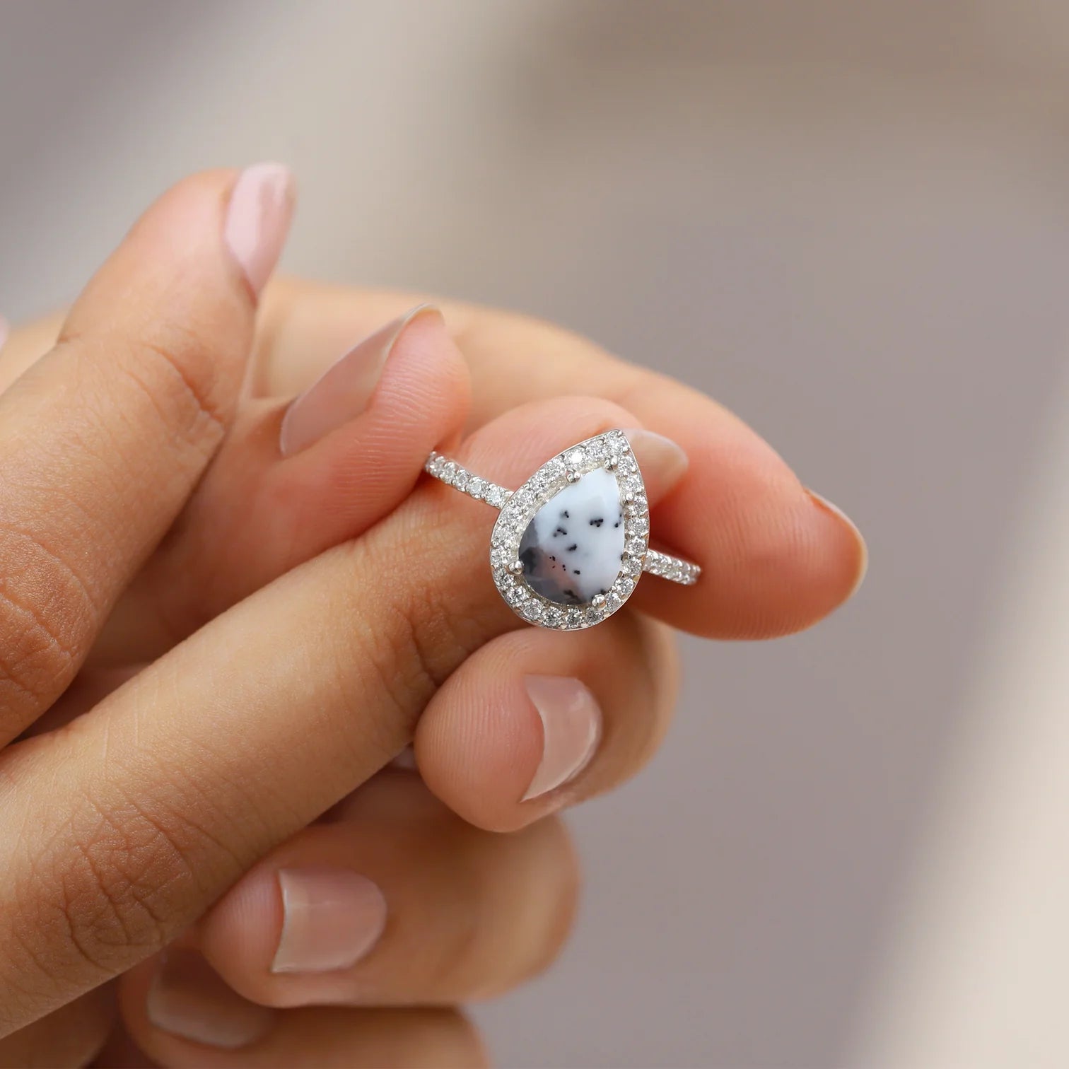 Britney Pear Dendritic Opal Ring with Moissanite Pave Halo