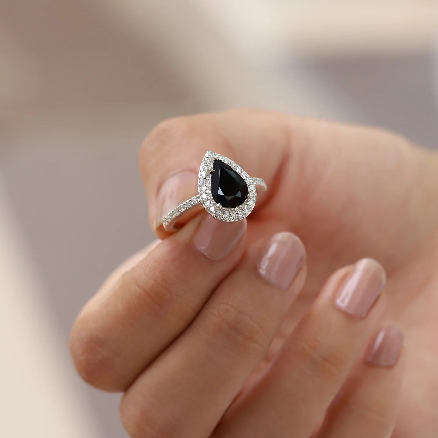 Britney Pear Black Spinel Ring with Moissanite Pave Halo