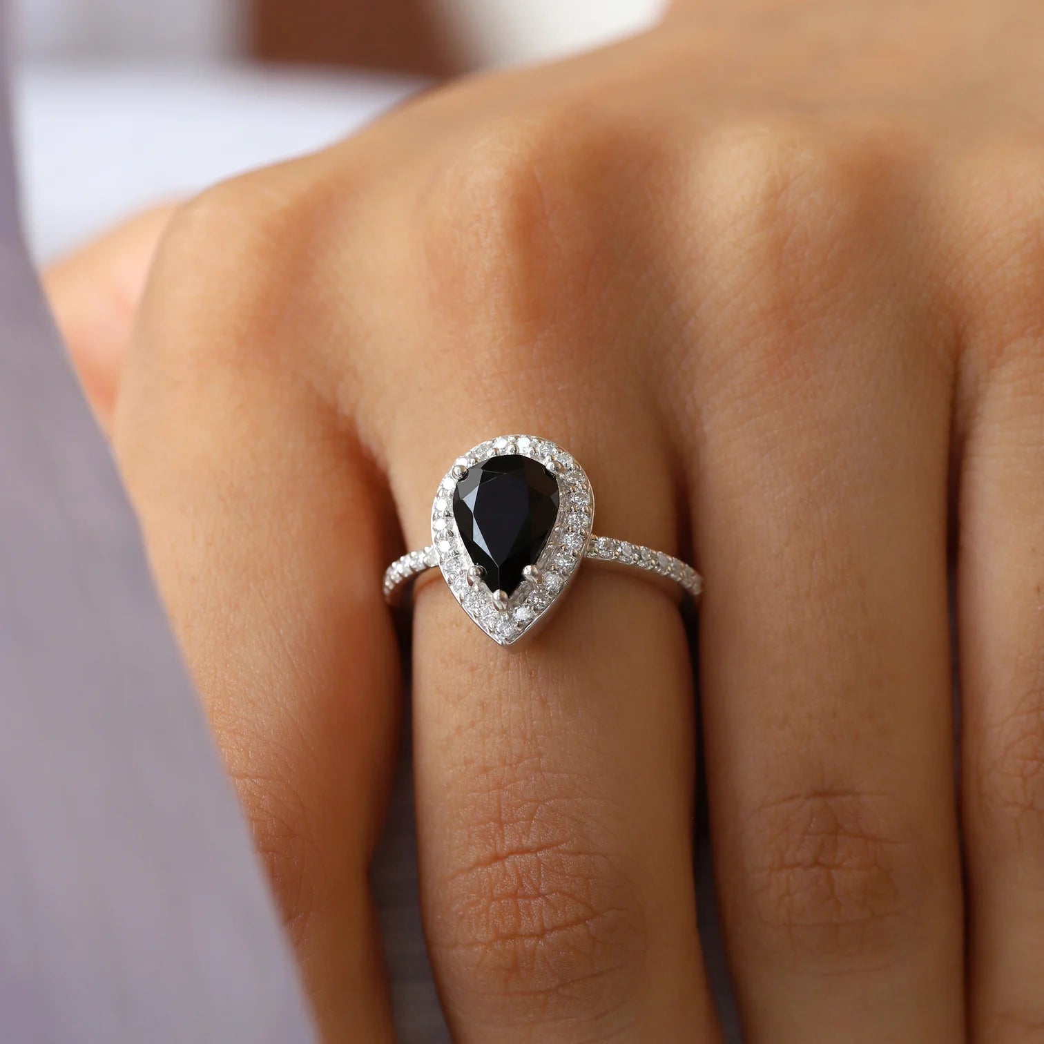 Britney Pear Black Spinel Ring with Moissanite Pave Halo