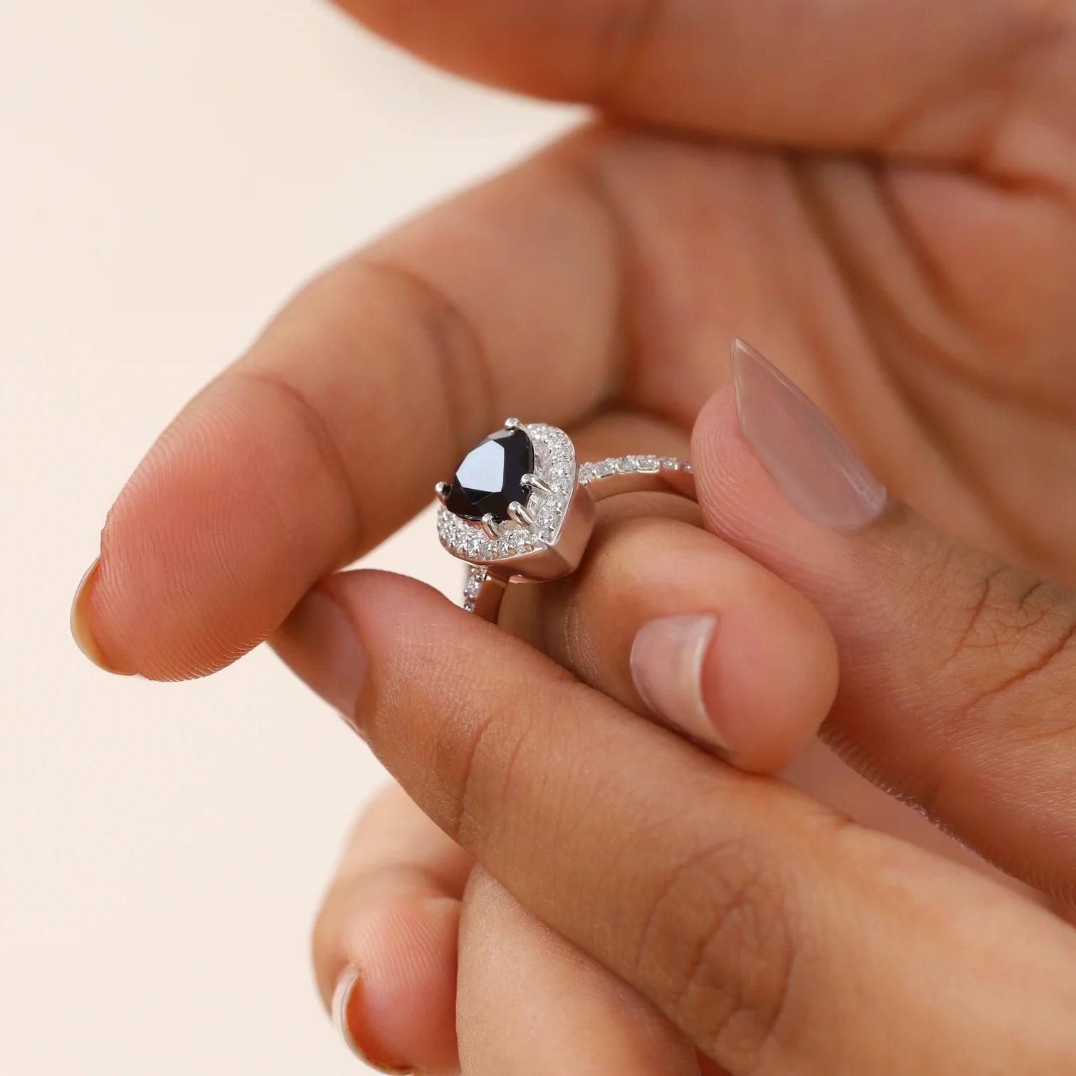 Britney Pear Black Spinel Ring with Moissanite Pave Halo