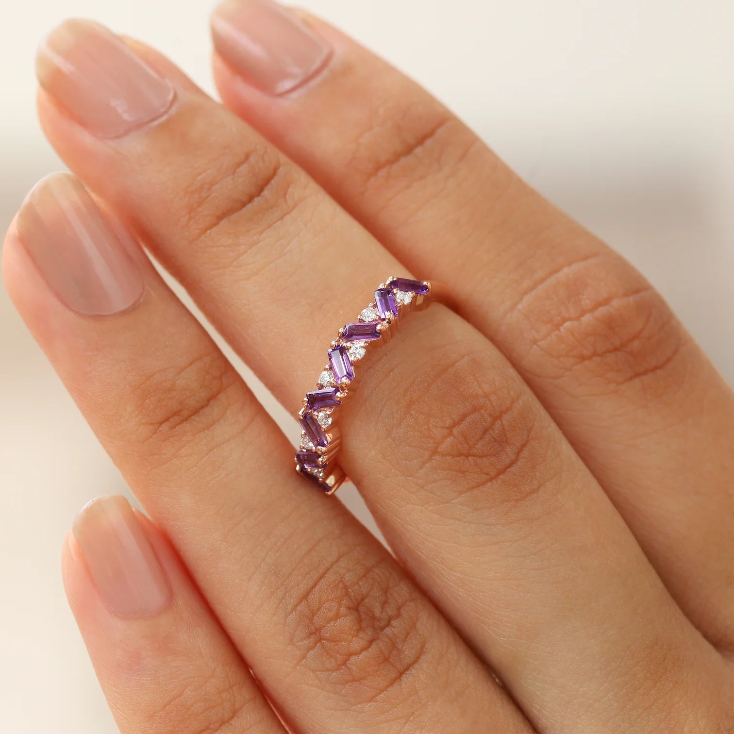 Skylar Amethyst and Moissanite Multi Baguette Ring