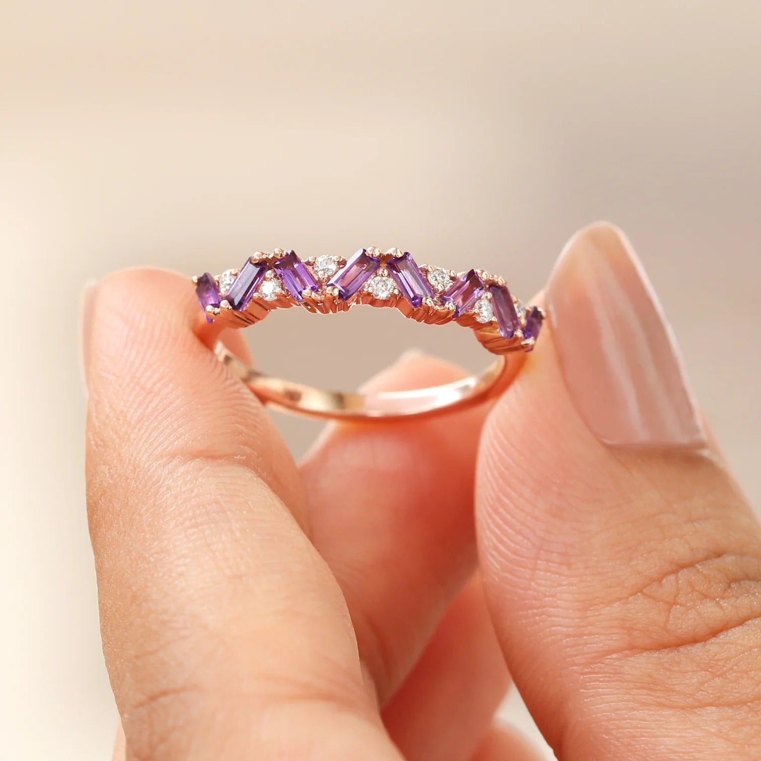 Skylar Amethyst and Moissanite Multi Baguette Ring