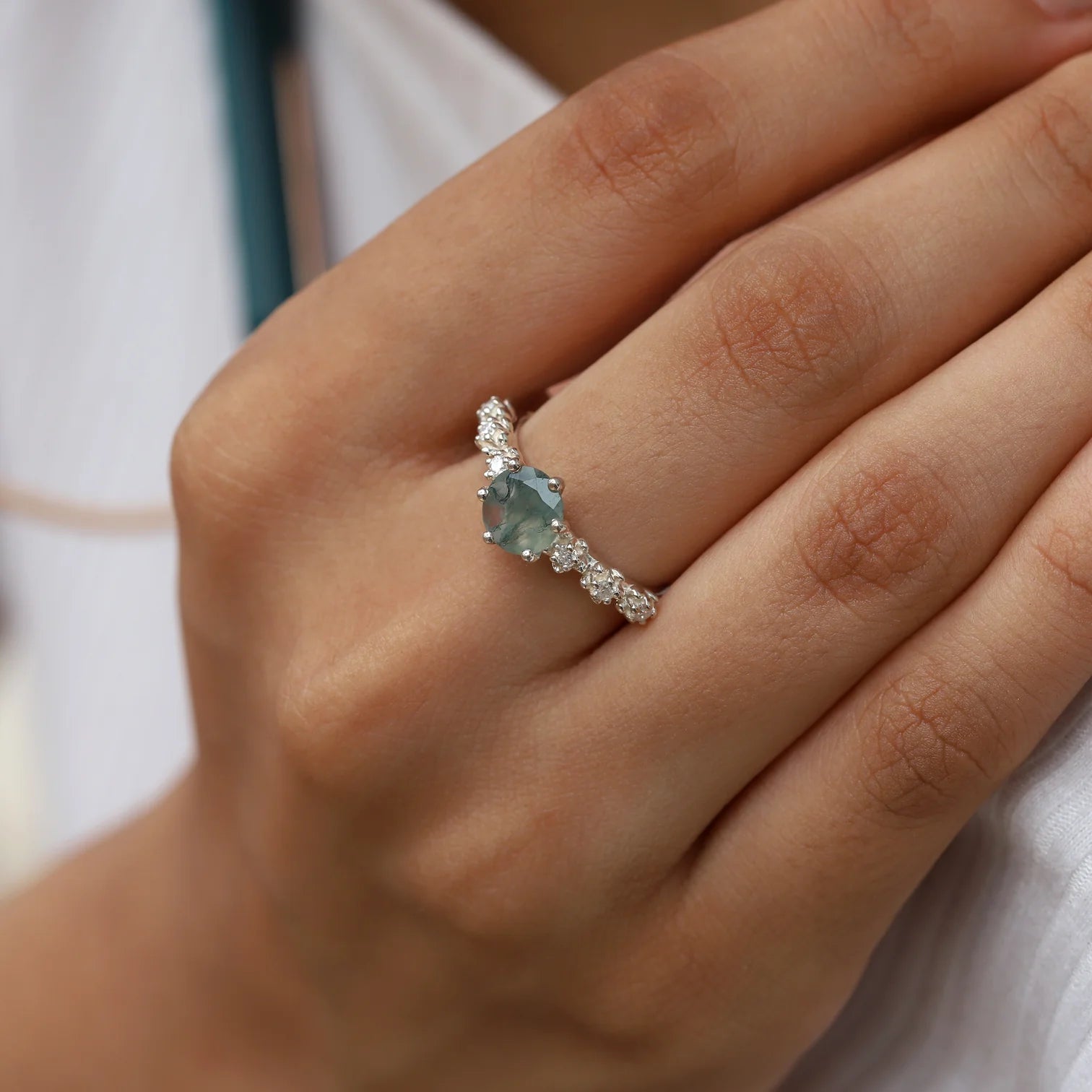 Isak Moss Agate Ring with Moissanites Ring