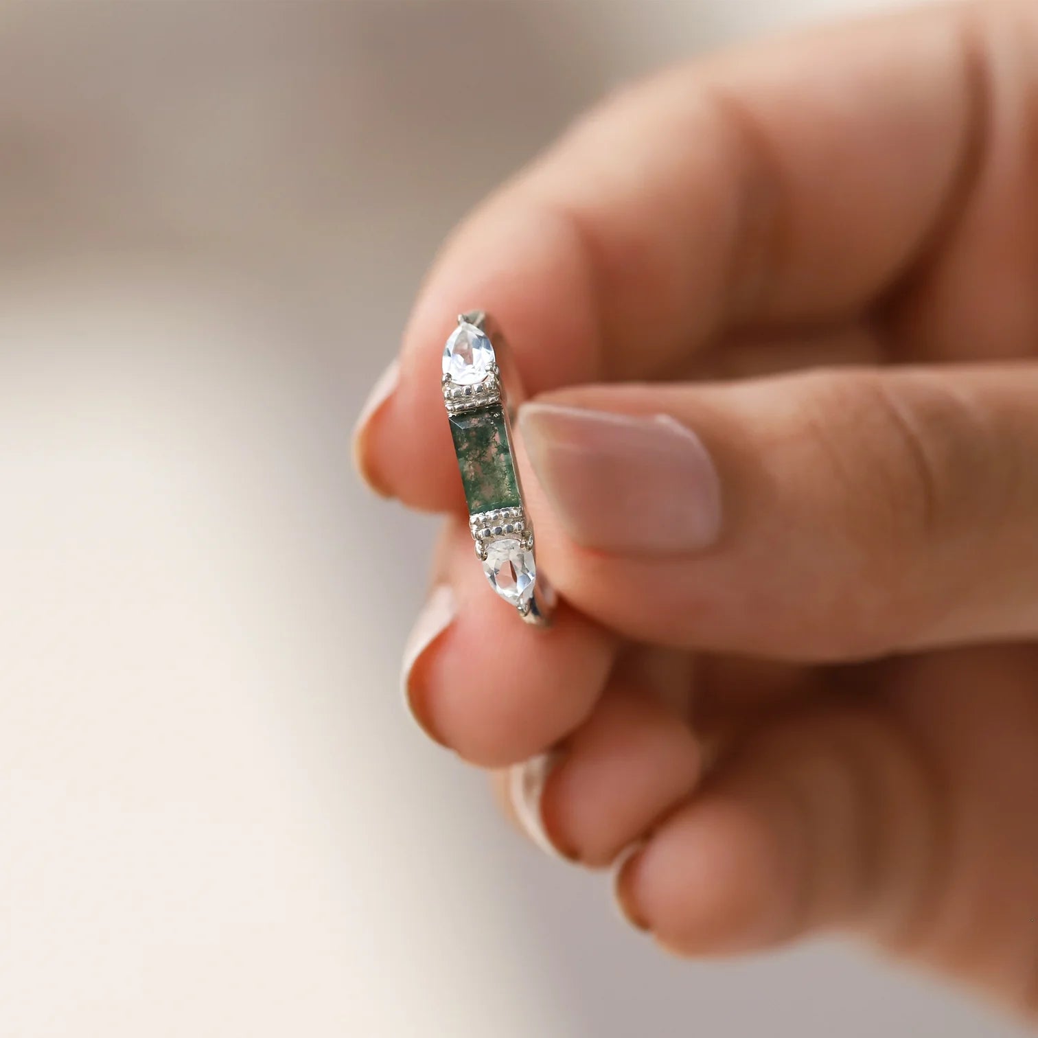 Tania Moss agate Baguette Ring with White Topaz