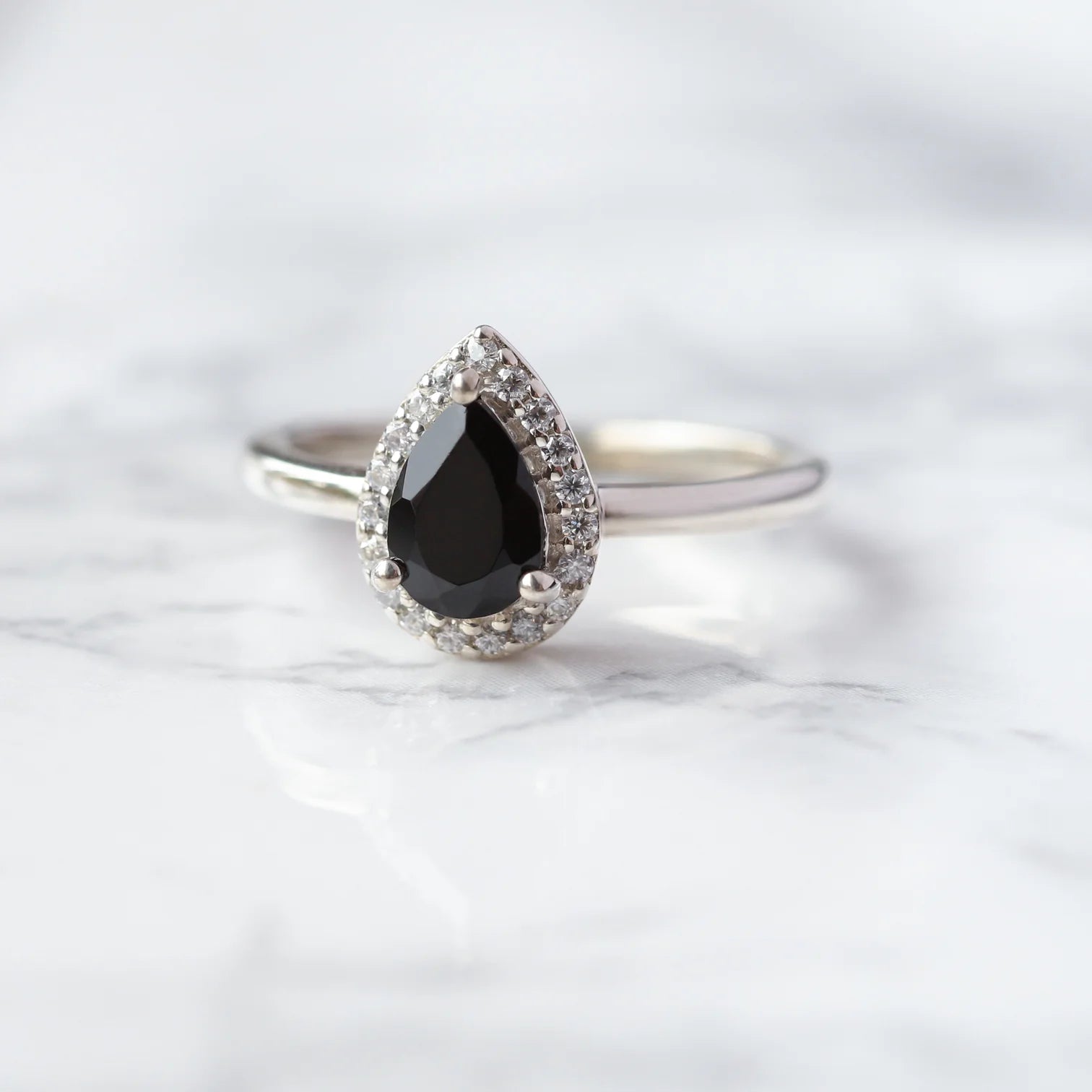 Britney Pear Black Spinel Ring with Moissanite Pave Halo