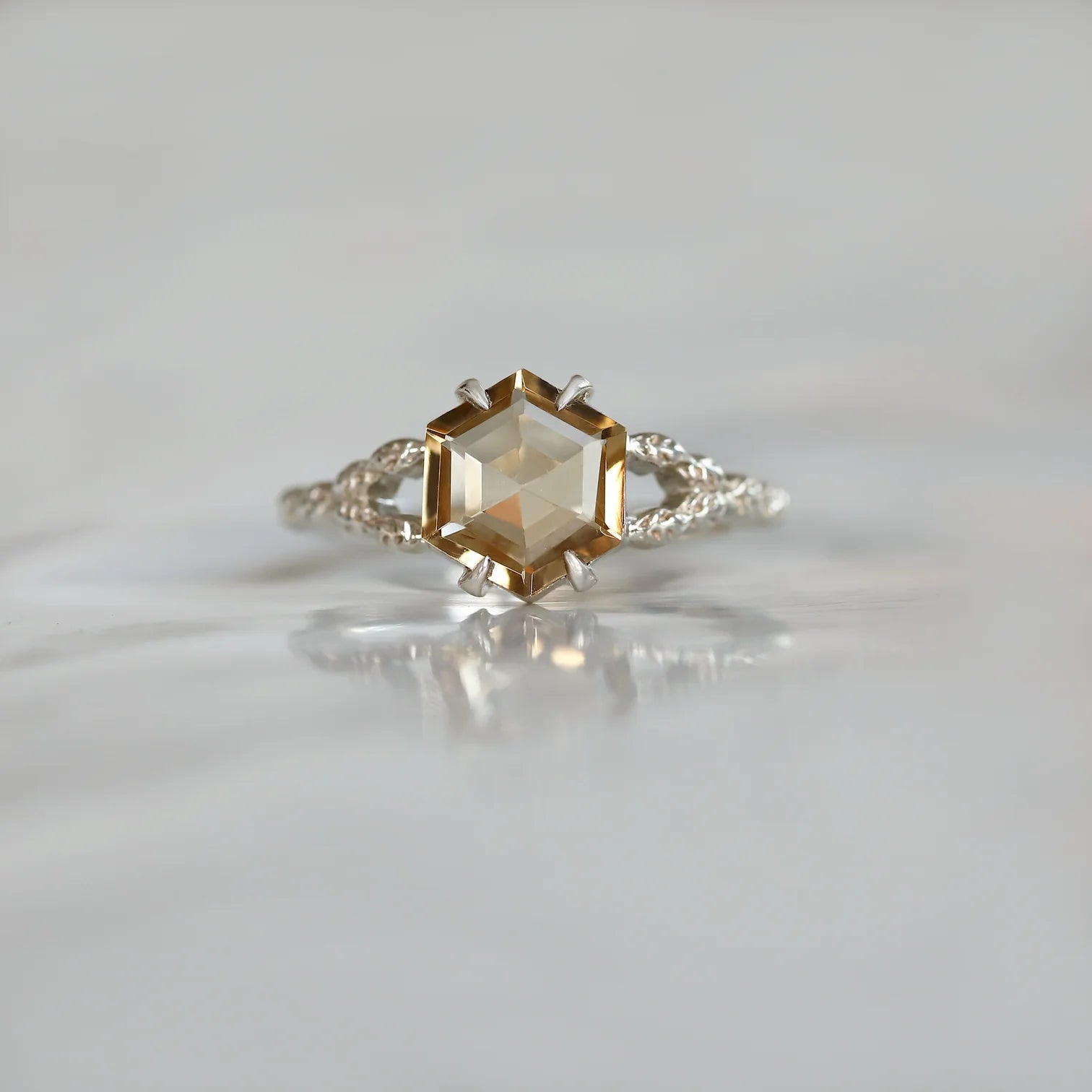 Gaia Hexagon Citrine Ring with Leaves Band