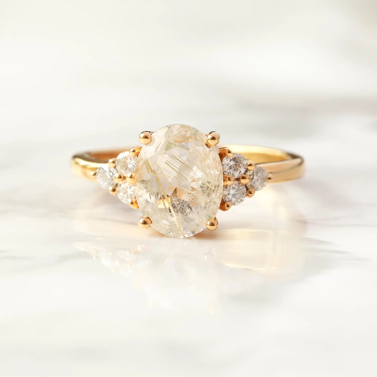 Olivia Golden Rutile Quartz Ring with side Moissanite