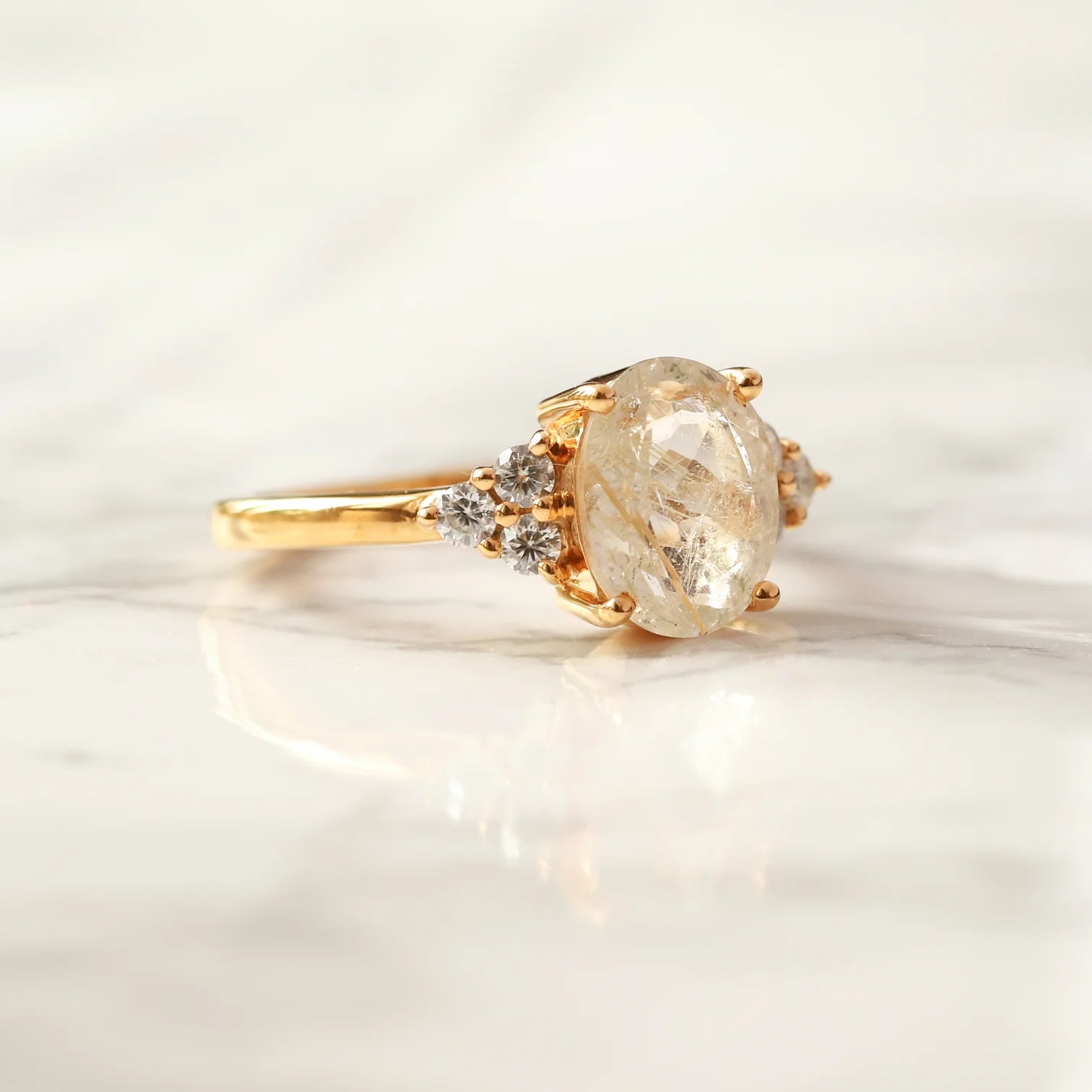 Olivia Golden Rutile Quartz Ring with side Moissanite