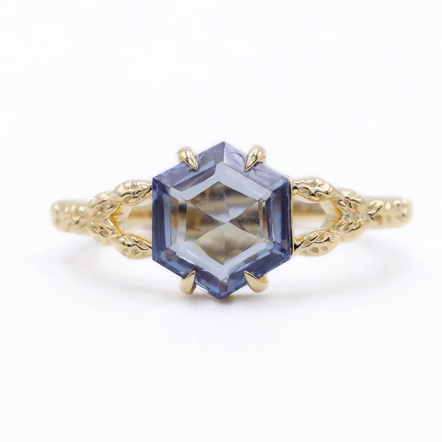 Gaia Hexagon Swiss Blue Topaz Ring with Leaves Band