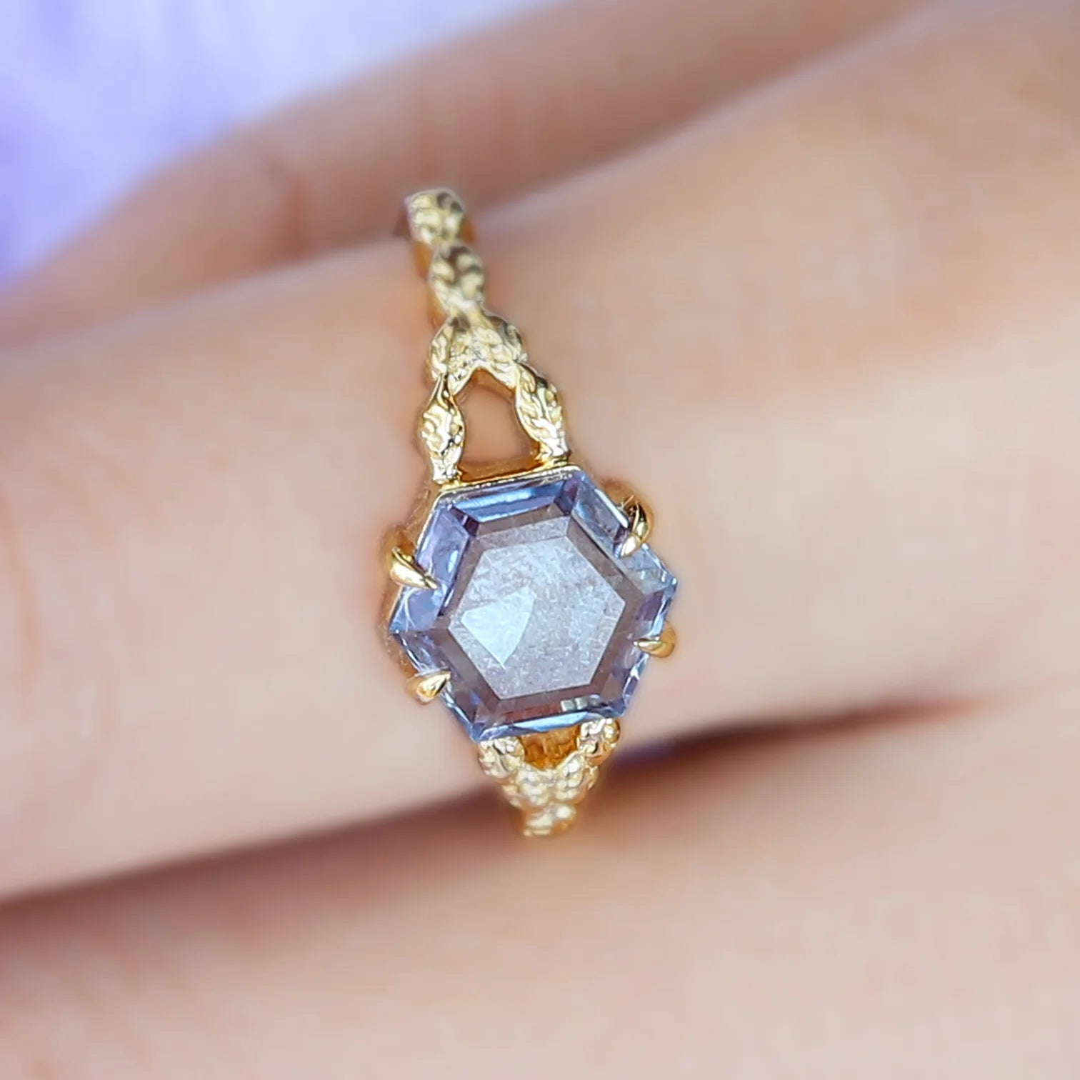 Gaia Hexagon Swiss Blue Topaz Ring with Leaves Band