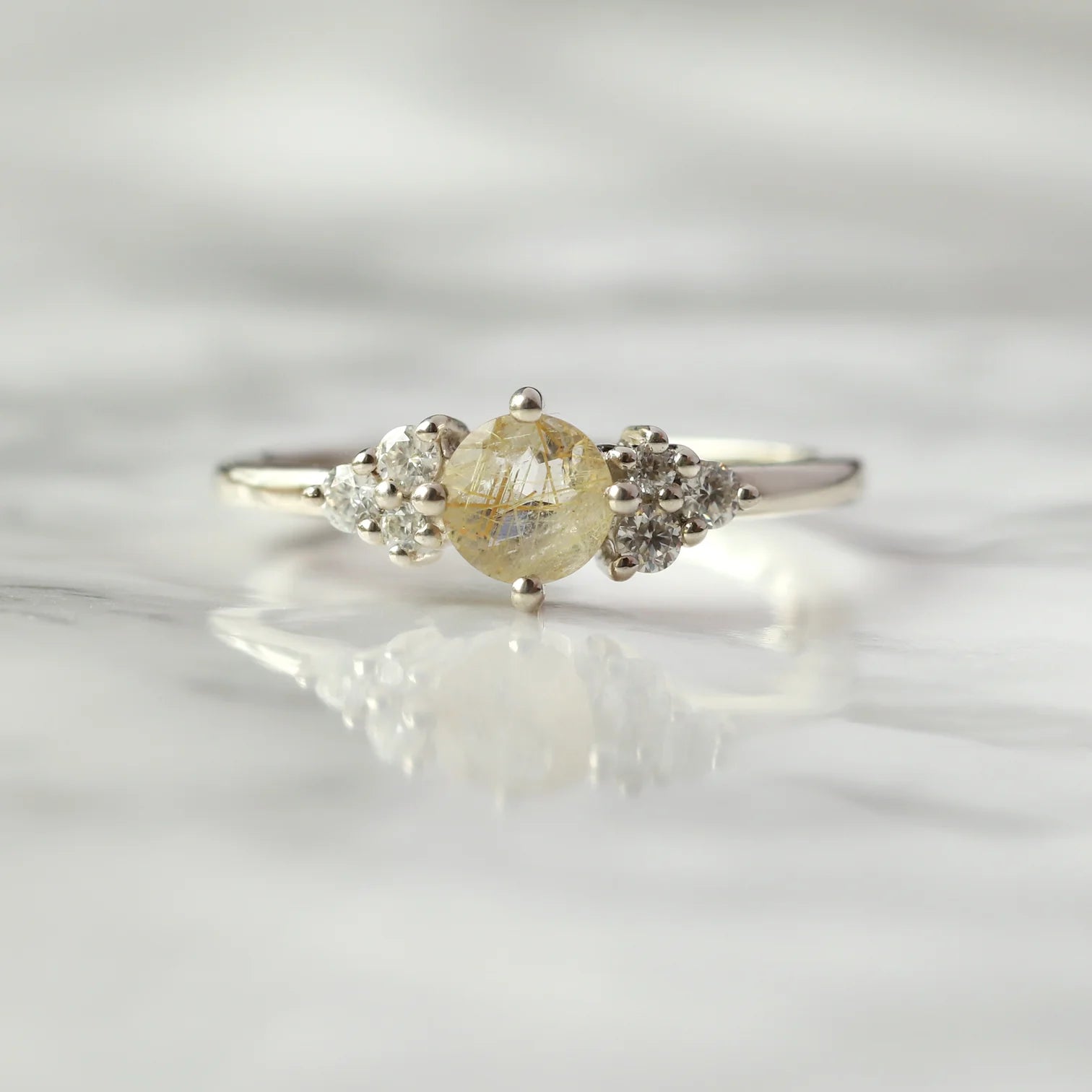 Irene Round Golden Rutile with Moissanite Ring