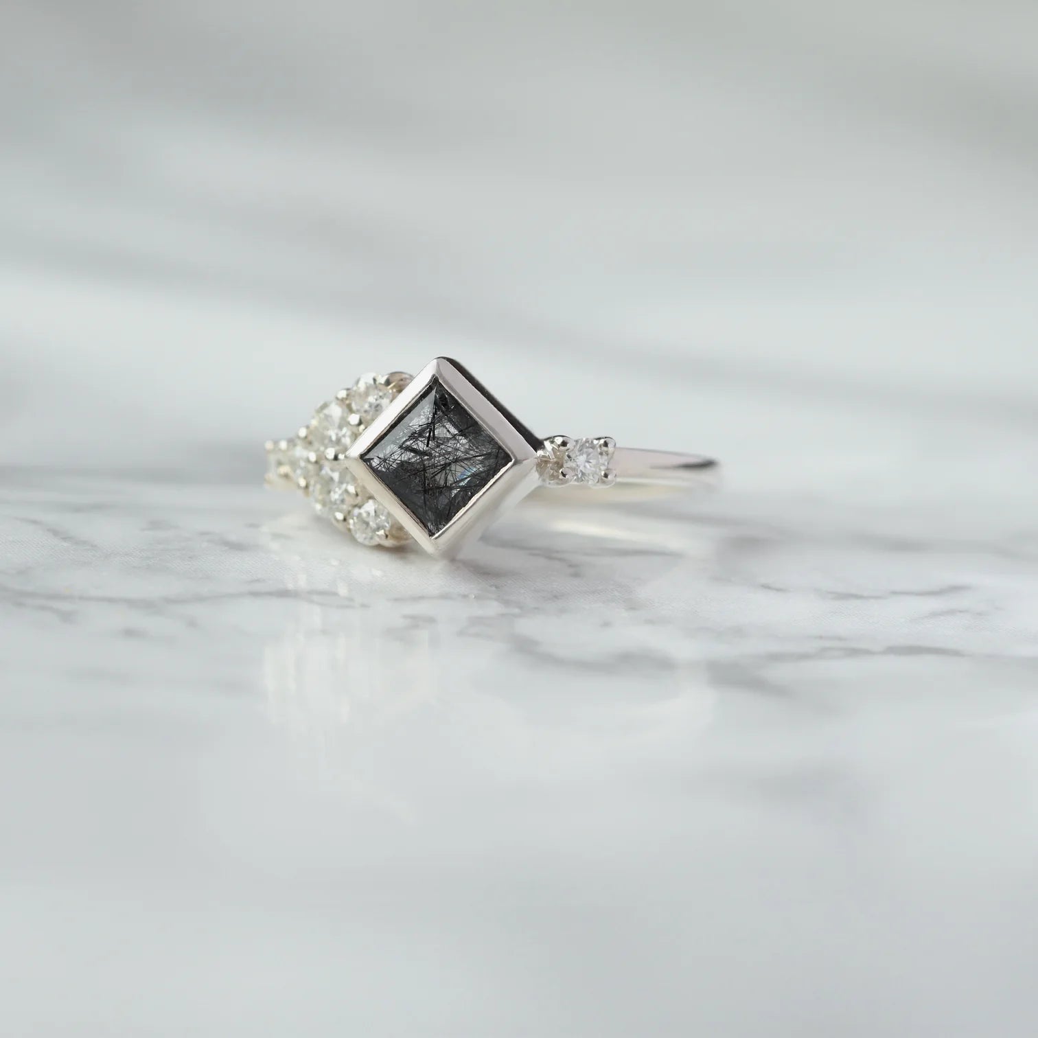 Isla Black Rutile Square Ring with side Moissanites