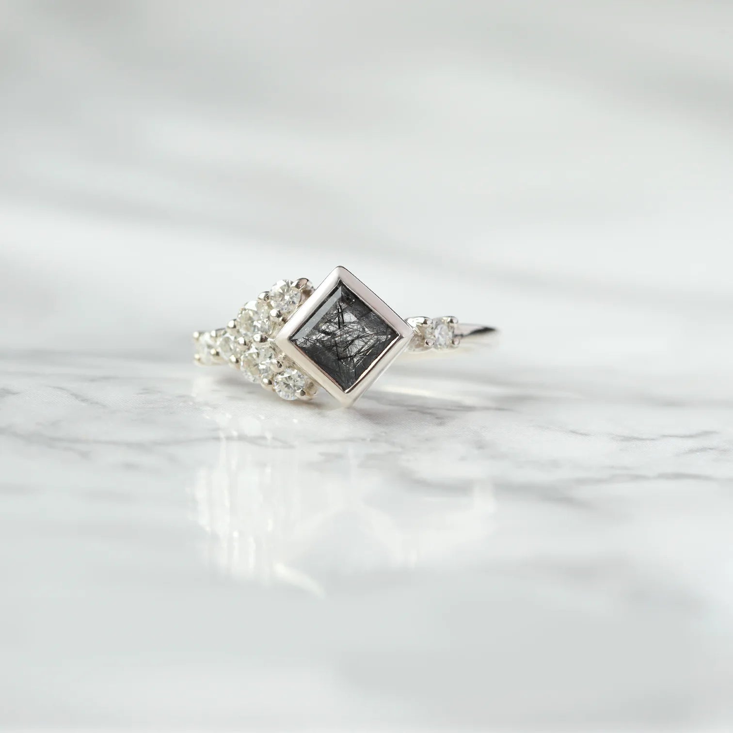 Isla Black Rutile Square Ring with side Moissanites