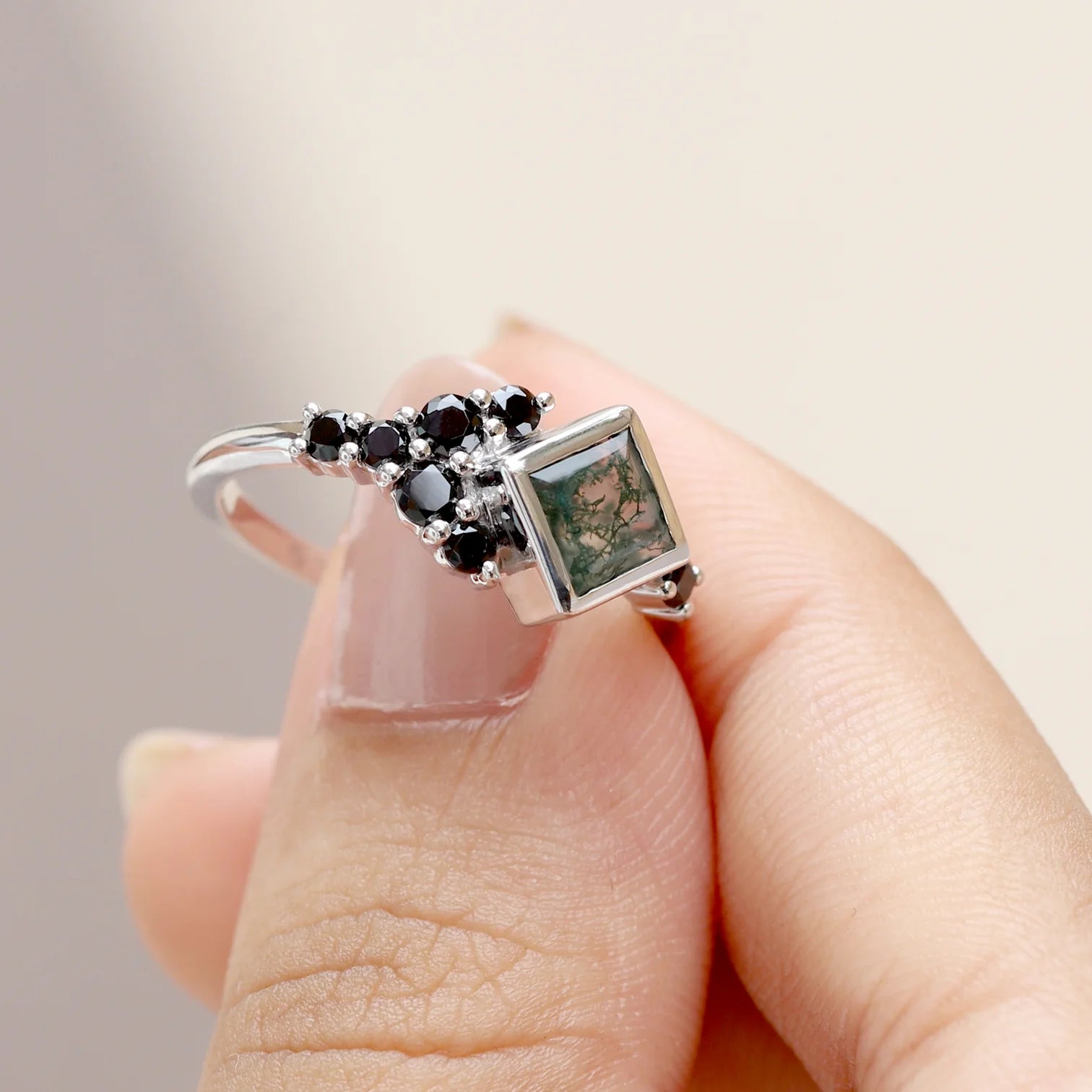 Isla Moss Agate Square Ring with side Black Spinel