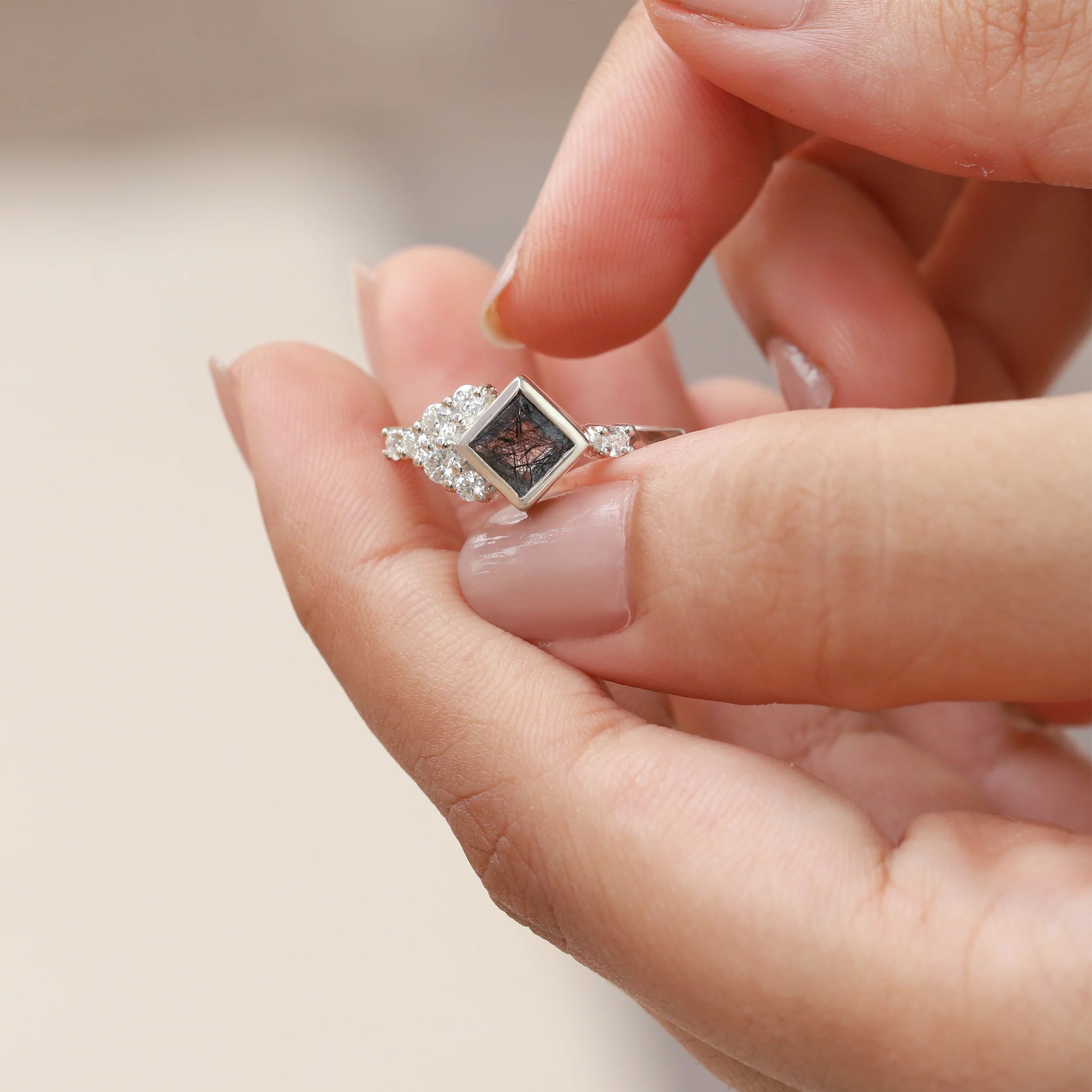 Isla Black Rutile Square Ring with side Moissanites