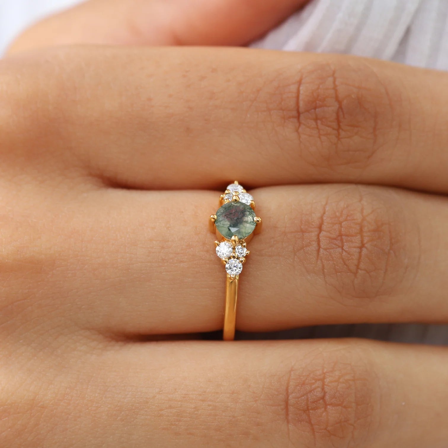 Irene Round Moss Agate with Moissanite Ring