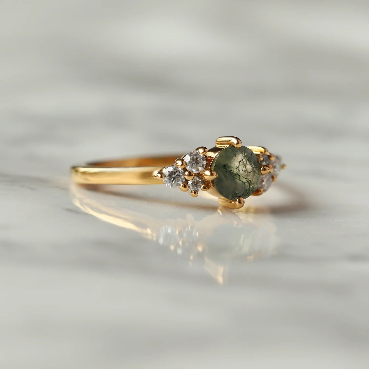 Irene Round Moss Agate with Moissanite Ring