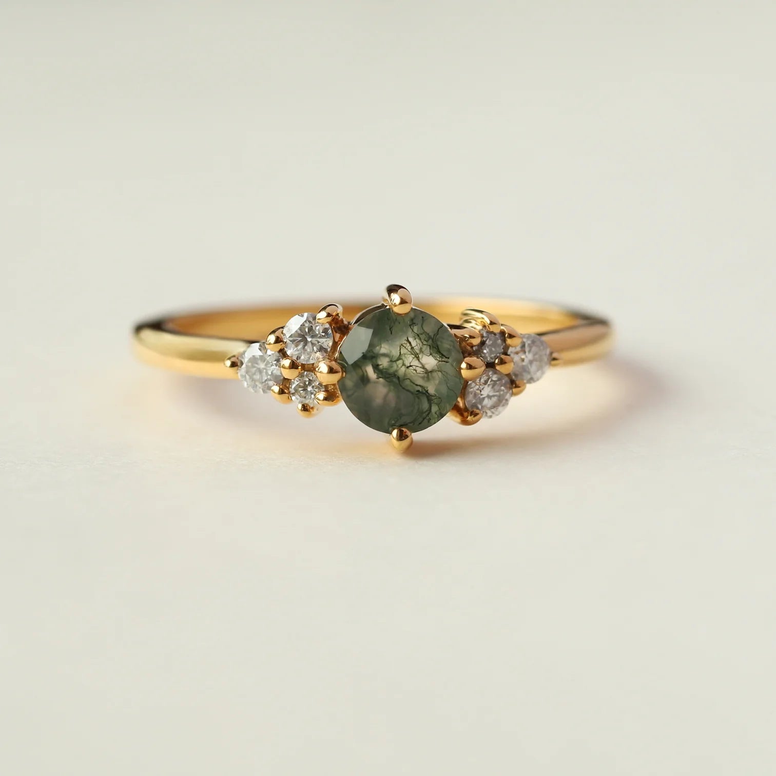 Irene Round Moss Agate with Moissanite Ring